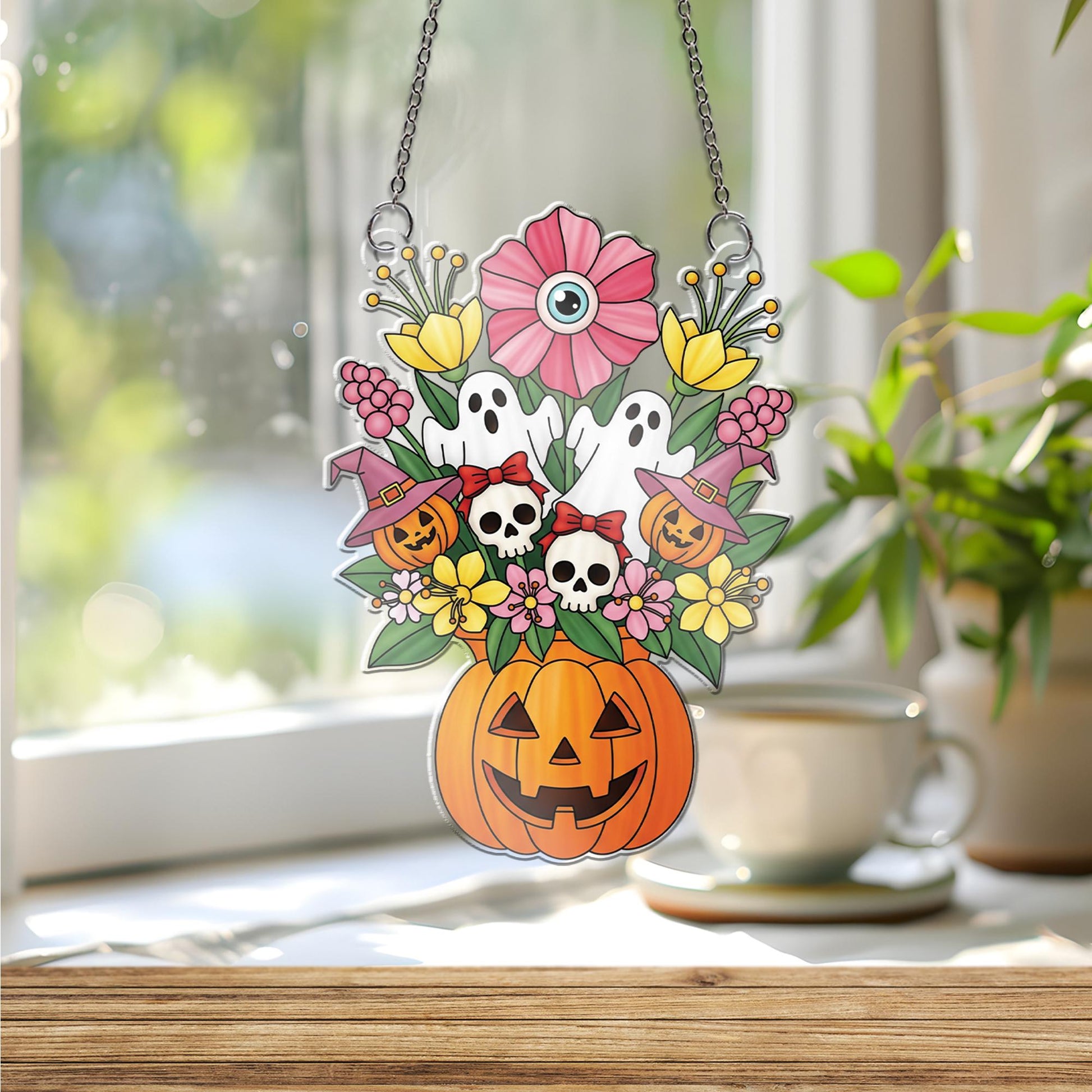 Halloween Pumpkin Floral Ornament , Ghost Skull Bouquet Window Hanging, Cute Spooky Decor, Witchy Fall Home Decoration