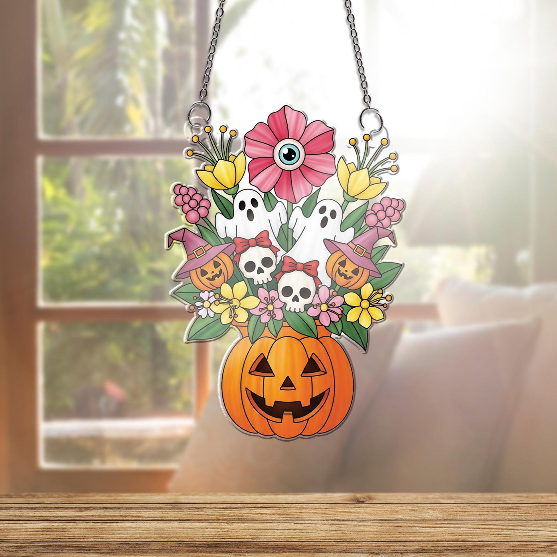 Halloween Pumpkin Floral Ornament , Ghost Skull Bouquet Window Hanging, Cute Spooky Decor, Witchy Fall Home Decoration