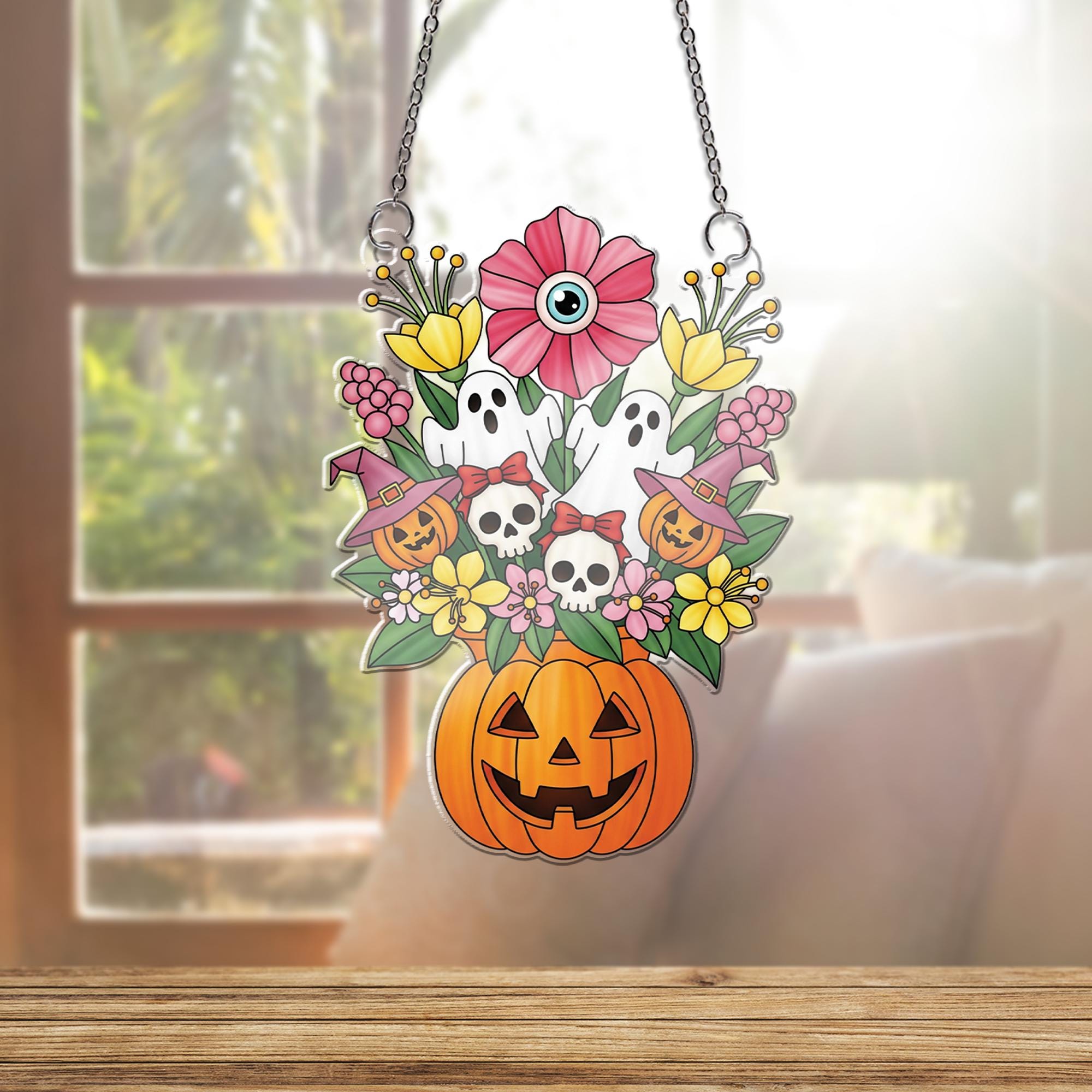 Halloween Pumpkin Floral Ornament , Ghost Skull Bouquet Window Hanging, Cute Spooky Decor, Witchy Fall Home Decoration