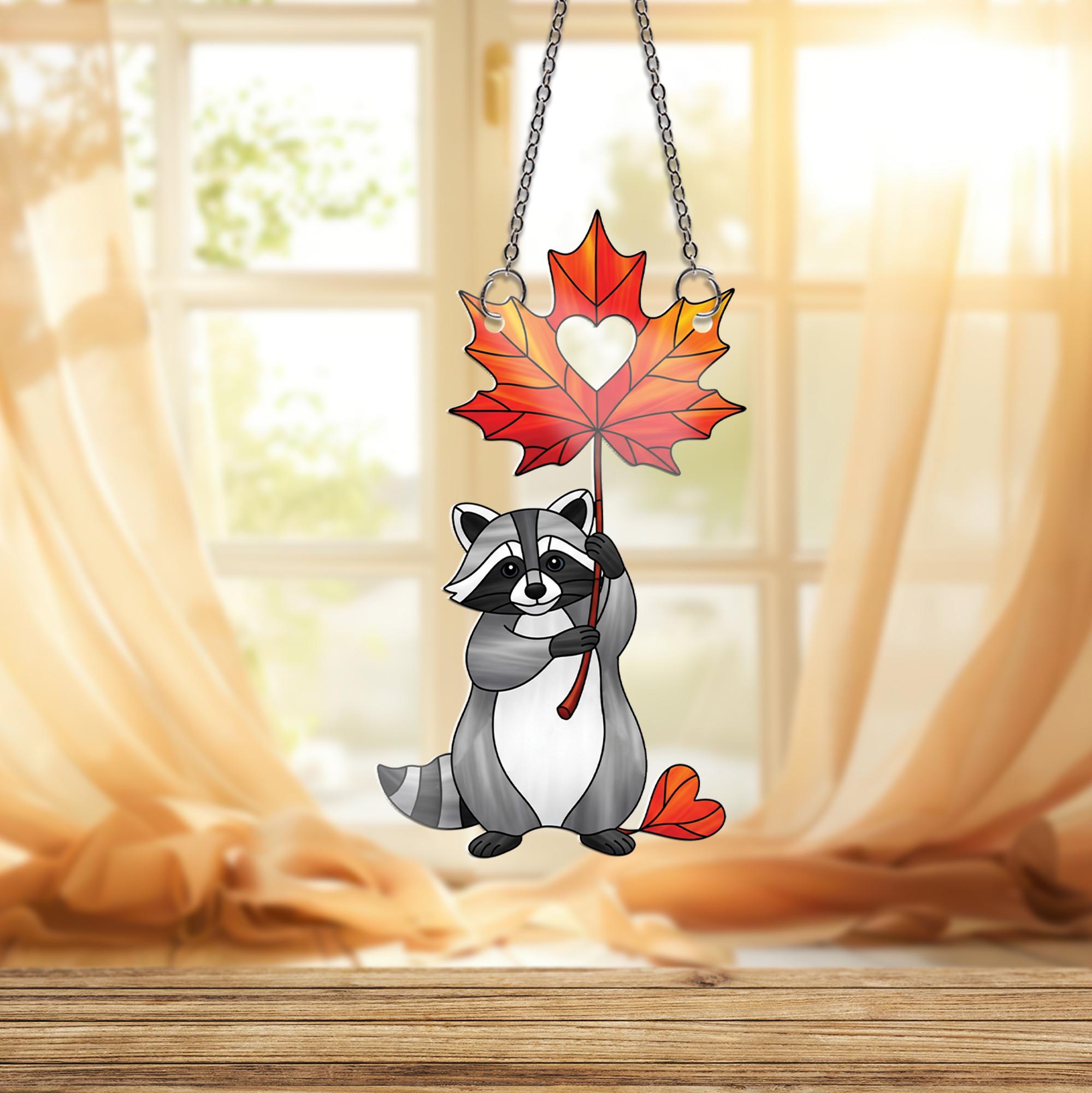 Cute Raccoon Maple Leaf Ornament , Autumn Animal Window Hanging, Fall Forest Woodland Decor, Heart Leaf Fall Decoration