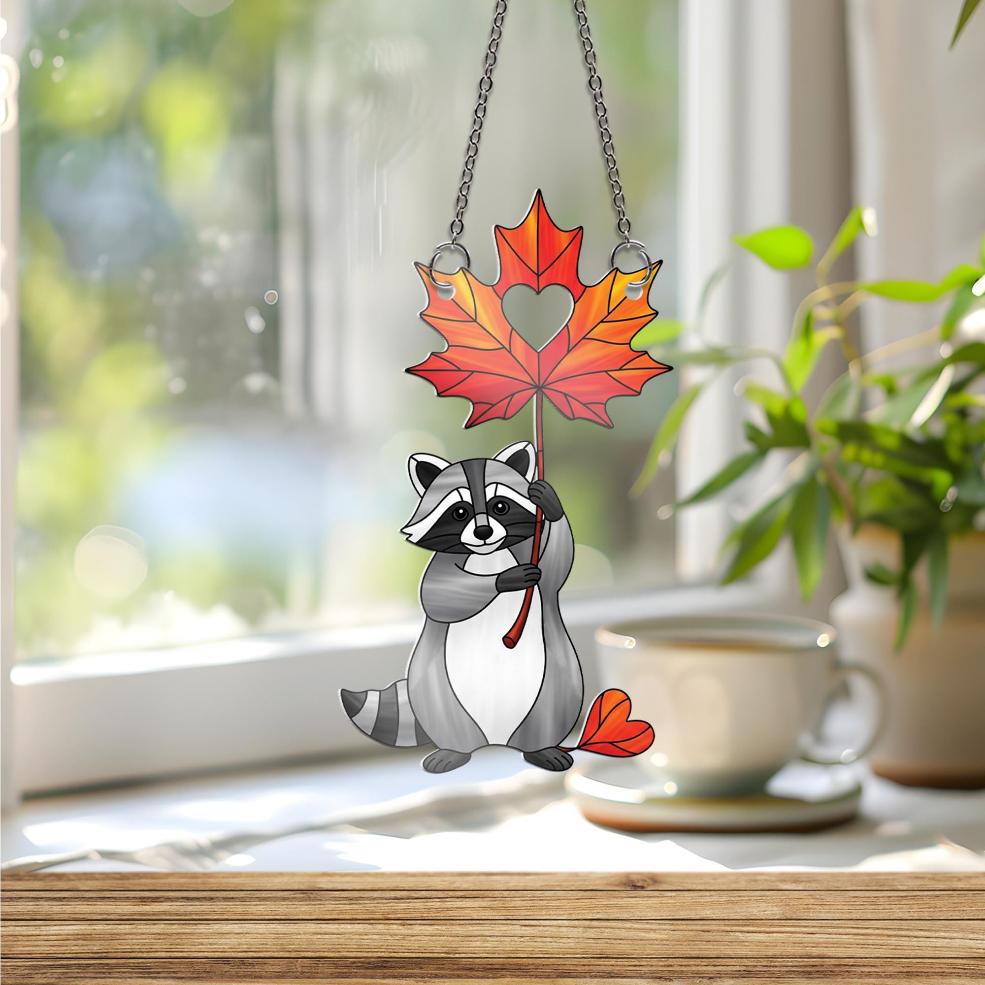 Cute Raccoon Maple Leaf Ornament , Autumn Animal Window Hanging, Fall Forest Woodland Decor, Heart Leaf Fall Decoration