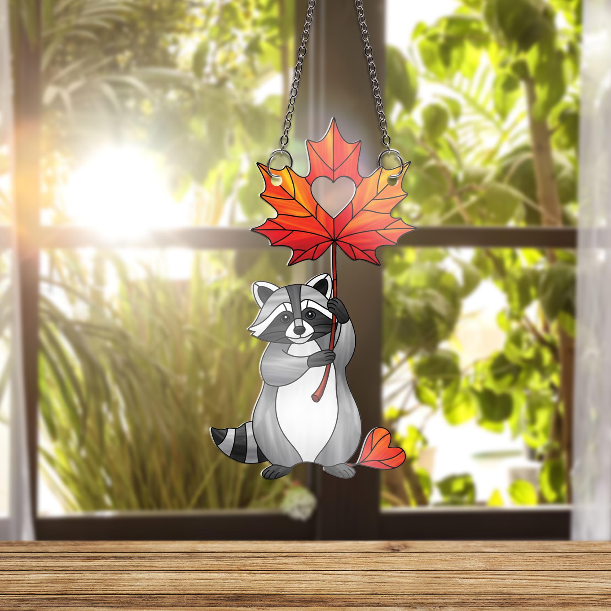 Cute Raccoon Maple Leaf Ornament , Autumn Animal Window Hanging, Fall Forest Woodland Decor, Heart Leaf Fall Decoration