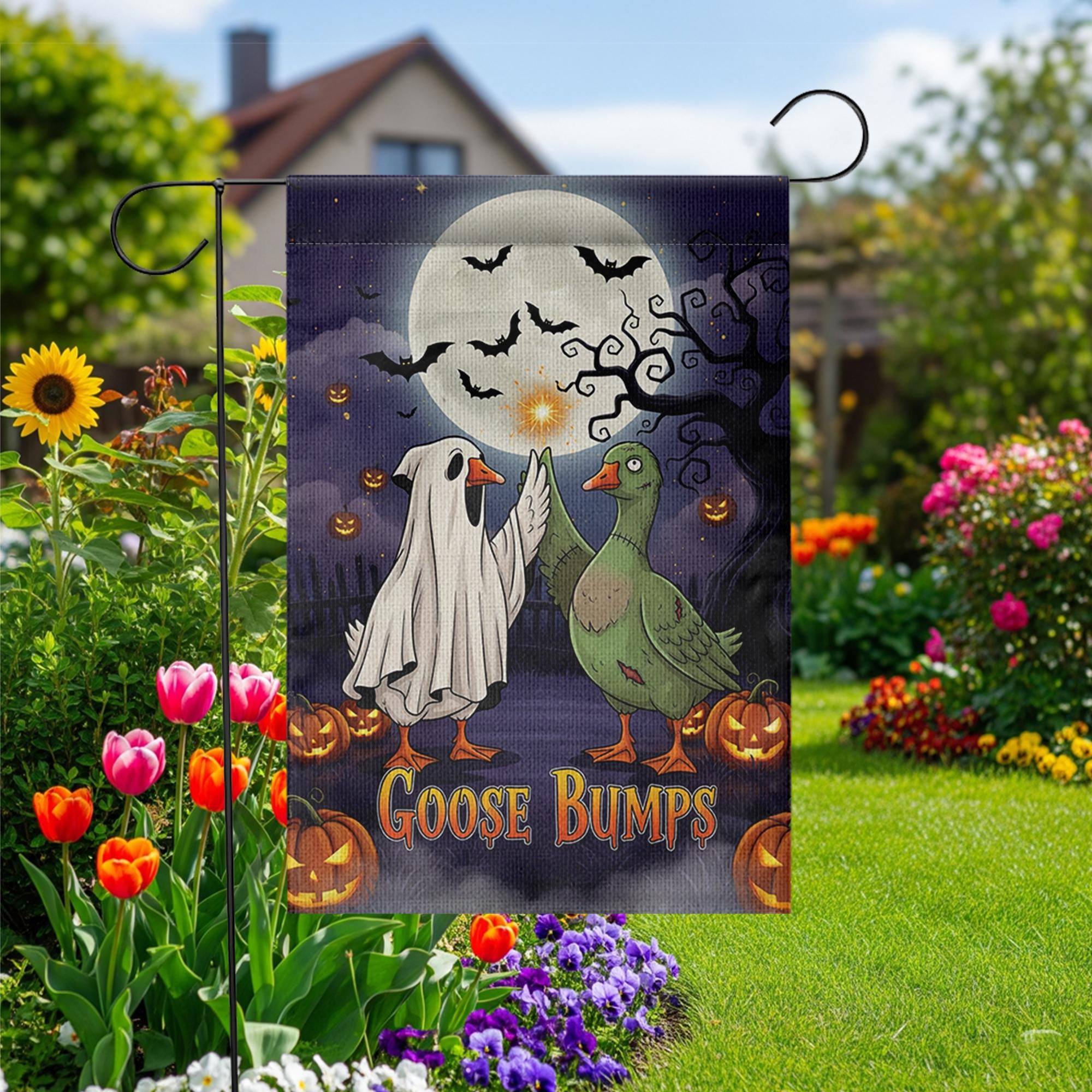 Funny Goose Halloween Garden Flag – Goose Bumps Outdoor Fall Decor, Spooky Cute Goose Yard Flag, Trick or Treat Sign, Ghost Duck Banner
