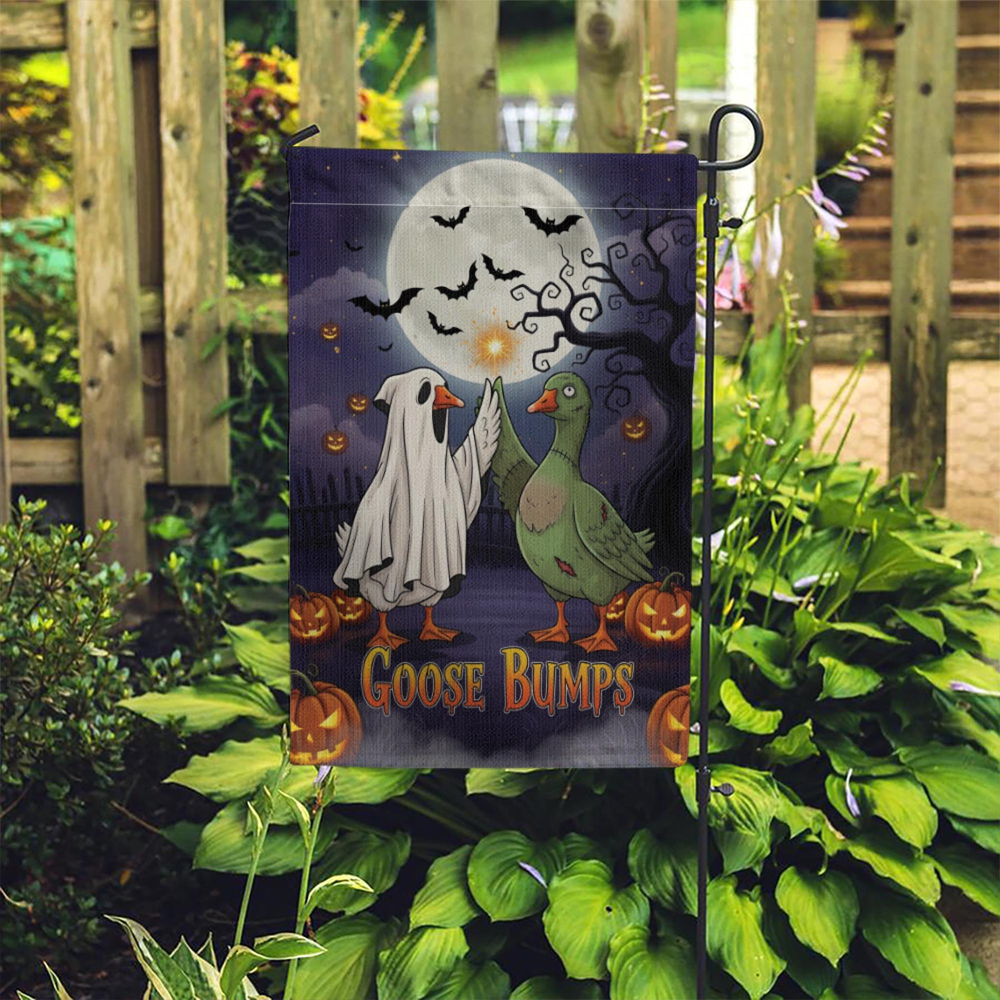Funny Goose Halloween Garden Flag – Goose Bumps Outdoor Fall Decor, Spooky Cute Goose Yard Flag, Trick or Treat Sign, Ghost Duck Banner
