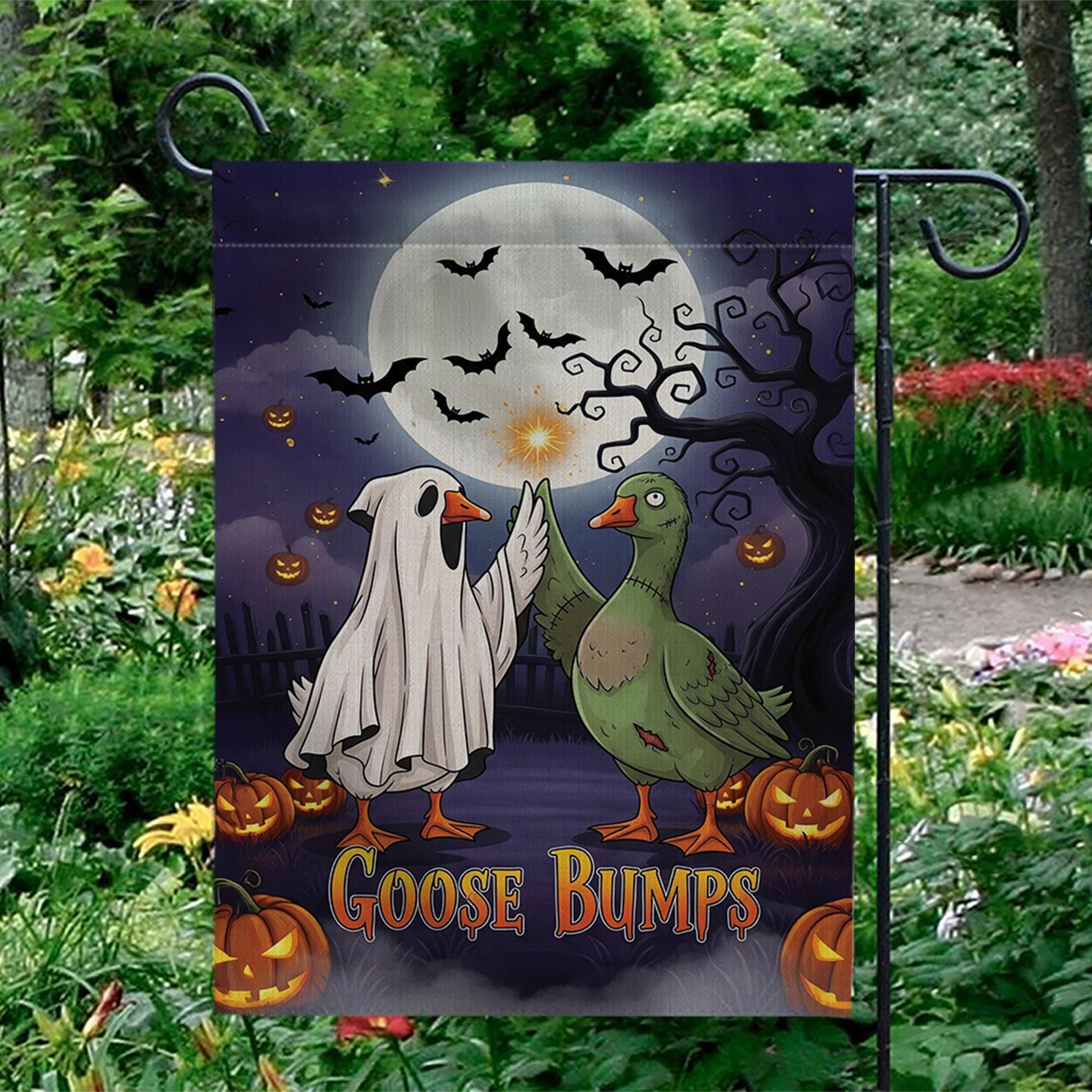 Funny Goose Halloween Garden Flag – Goose Bumps Outdoor Fall Decor, Spooky Cute Goose Yard Flag, Trick or Treat Sign, Ghost Duck Banner
