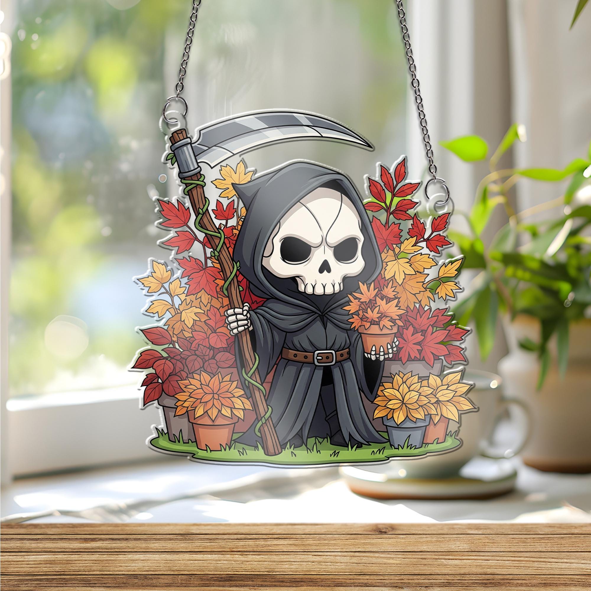 Cute Grim Reaper Fall Decor, Halloween Skeleton Ornament , Autumn Scythe Window Hanging, Spooky Floral Death Art Gift