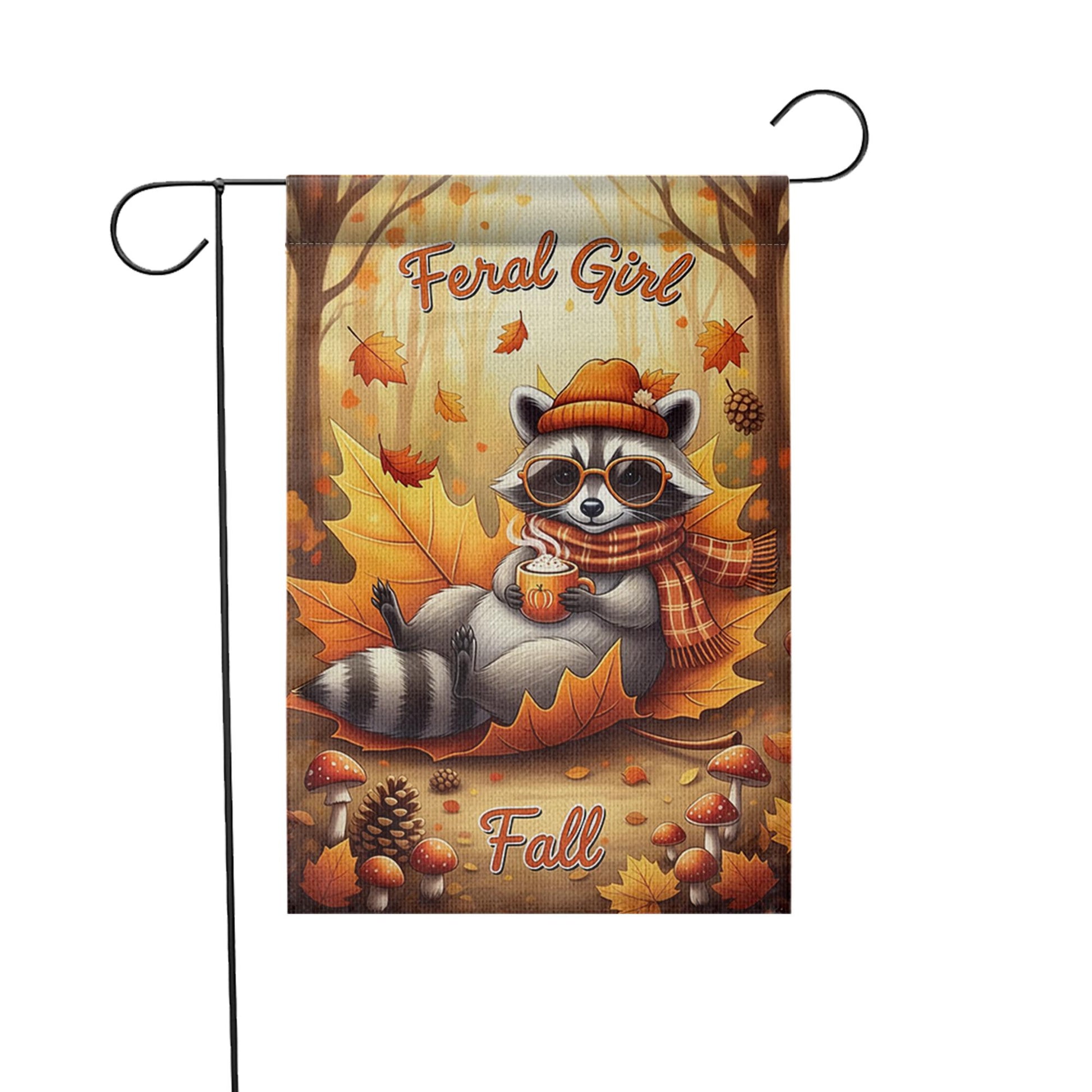Feral Girl Fall Garden Flag – Cute Raccoon Autumn Yard Decor, Funny Cozy Fall Outdoor Flag, Pumpkin Spice Coffee Sign, Woodland Animal
