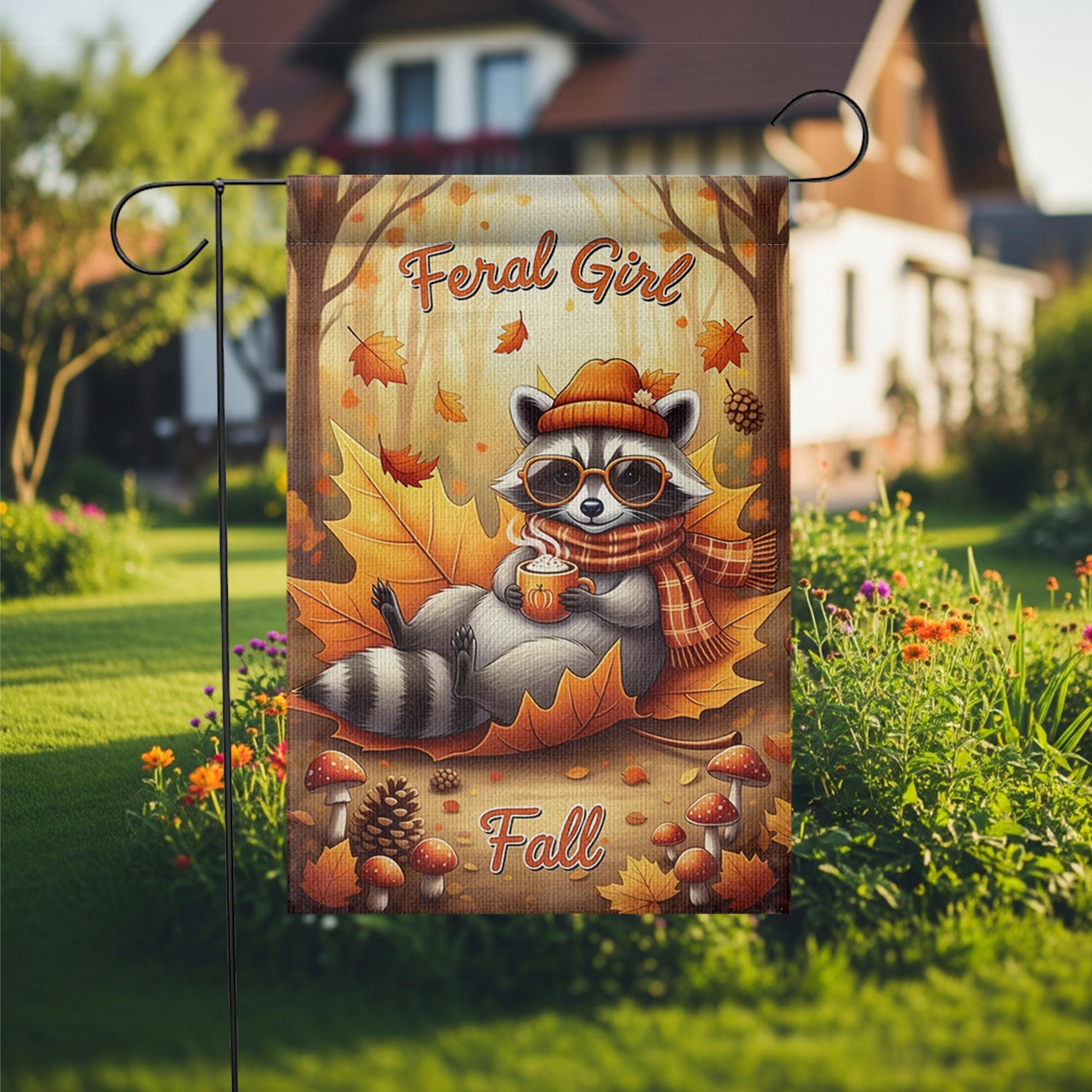 Feral Girl Fall Garden Flag – Cute Raccoon Autumn Yard Decor, Funny Cozy Fall Outdoor Flag, Pumpkin Spice Coffee Sign, Woodland Animal