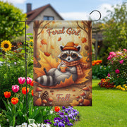 Feral Girl Fall Garden Flag – Cute Raccoon Autumn Yard Decor, Funny Cozy Fall Outdoor Flag, Pumpkin Spice Coffee Sign, Woodland Animal
