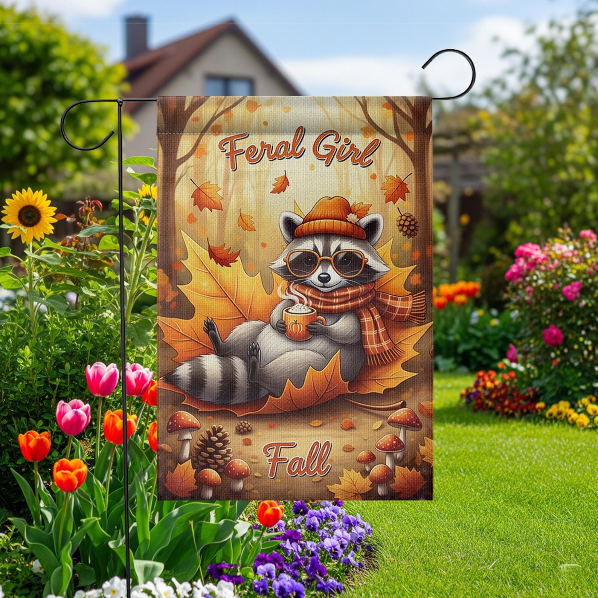 Feral Girl Fall Garden Flag – Cute Raccoon Autumn Yard Decor, Funny Cozy Fall Outdoor Flag, Pumpkin Spice Coffee Sign, Woodland Animal