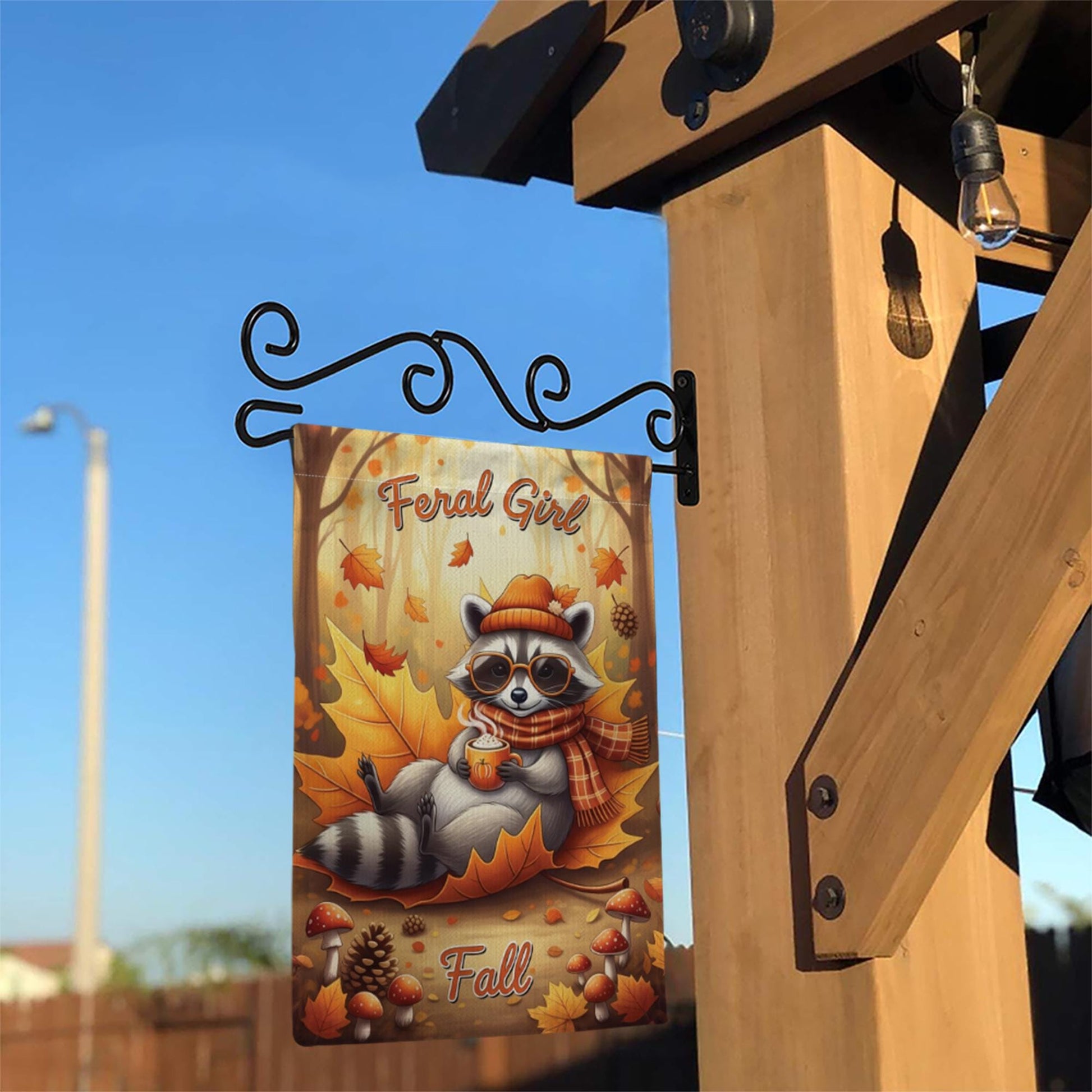 Feral Girl Fall Garden Flag – Cute Raccoon Autumn Yard Decor, Funny Cozy Fall Outdoor Flag, Pumpkin Spice Coffee Sign, Woodland Animal