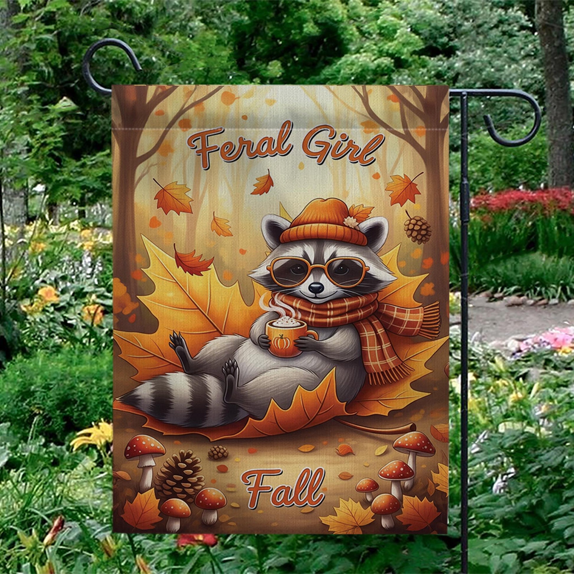 Feral Girl Fall Garden Flag – Cute Raccoon Autumn Yard Decor, Funny Cozy Fall Outdoor Flag, Pumpkin Spice Coffee Sign, Woodland Animal