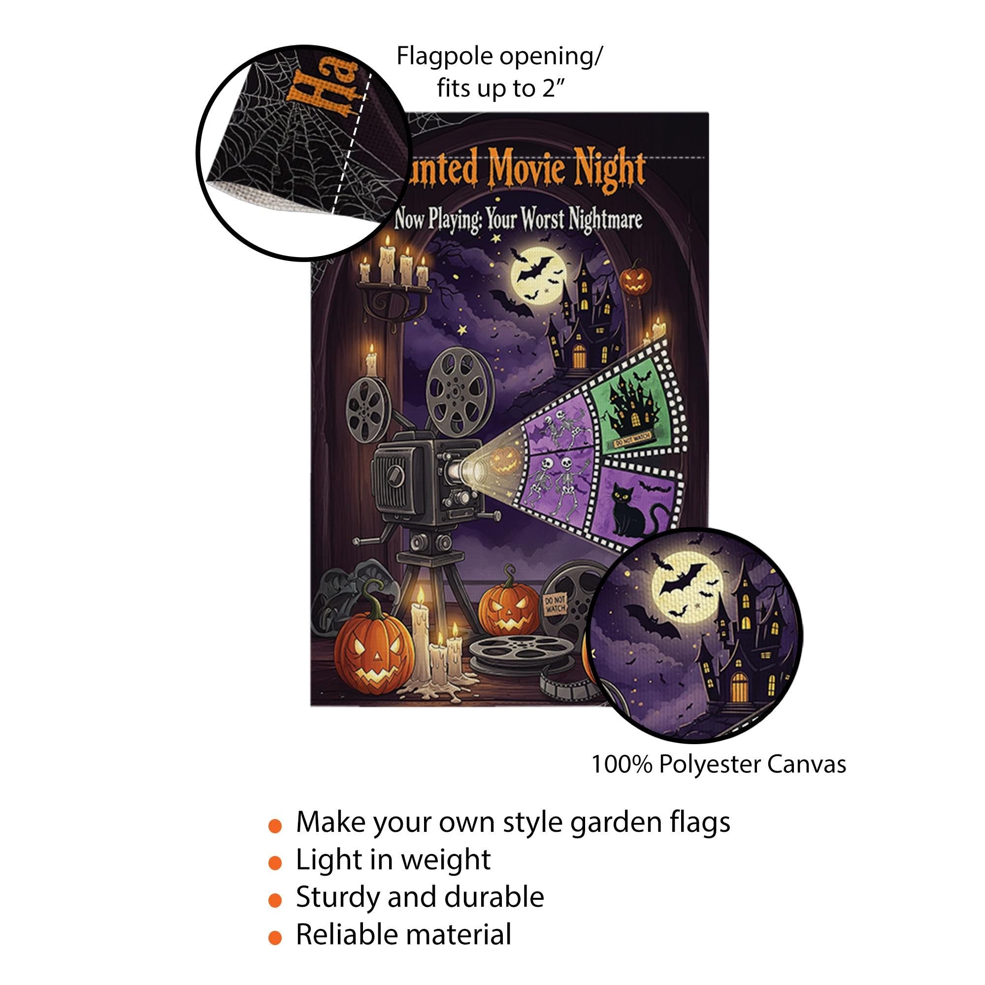 Haunted Movie Night Garden Flag – Halloween Horror Outdoor Decor, Spooky Film Projector Yard Flag, Scary Movie Night Sign