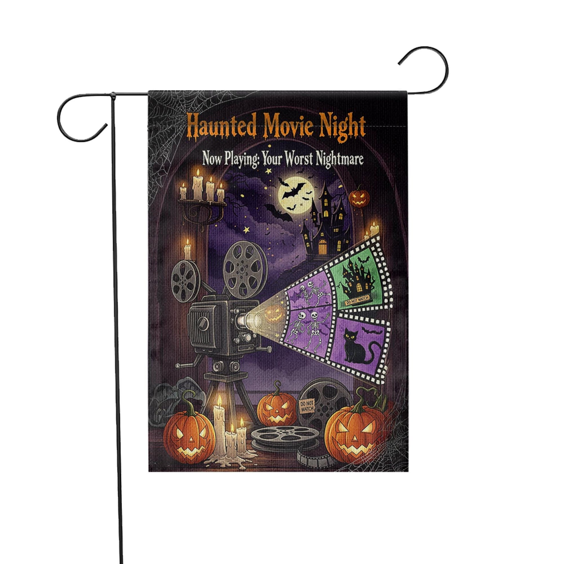 Haunted Movie Night Garden Flag – Halloween Horror Outdoor Decor, Spooky Film Projector Yard Flag, Scary Movie Night Sign