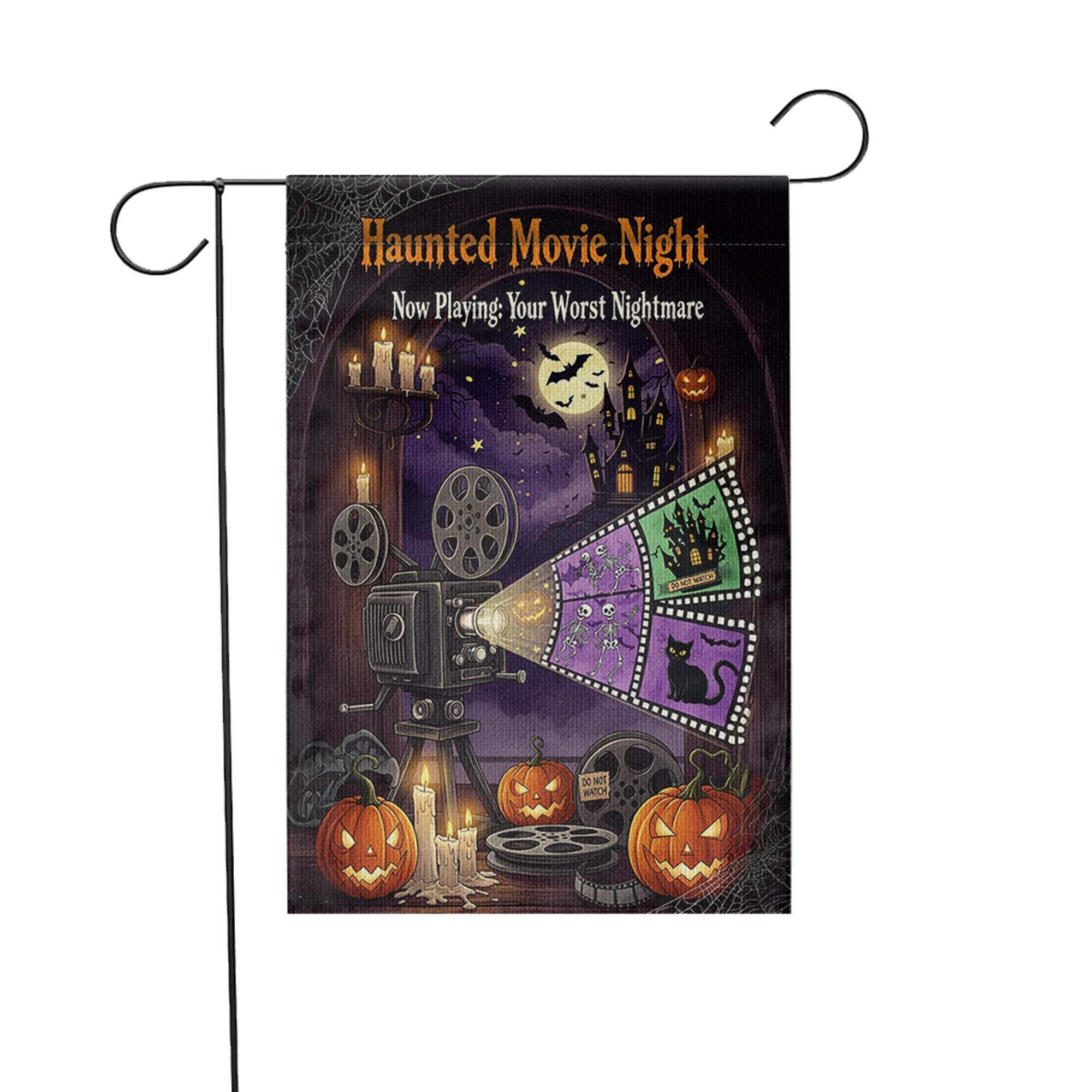 Haunted Movie Night Garden Flag – Halloween Horror Outdoor Decor, Spooky Film Projector Yard Flag, Scary Movie Night Sign
