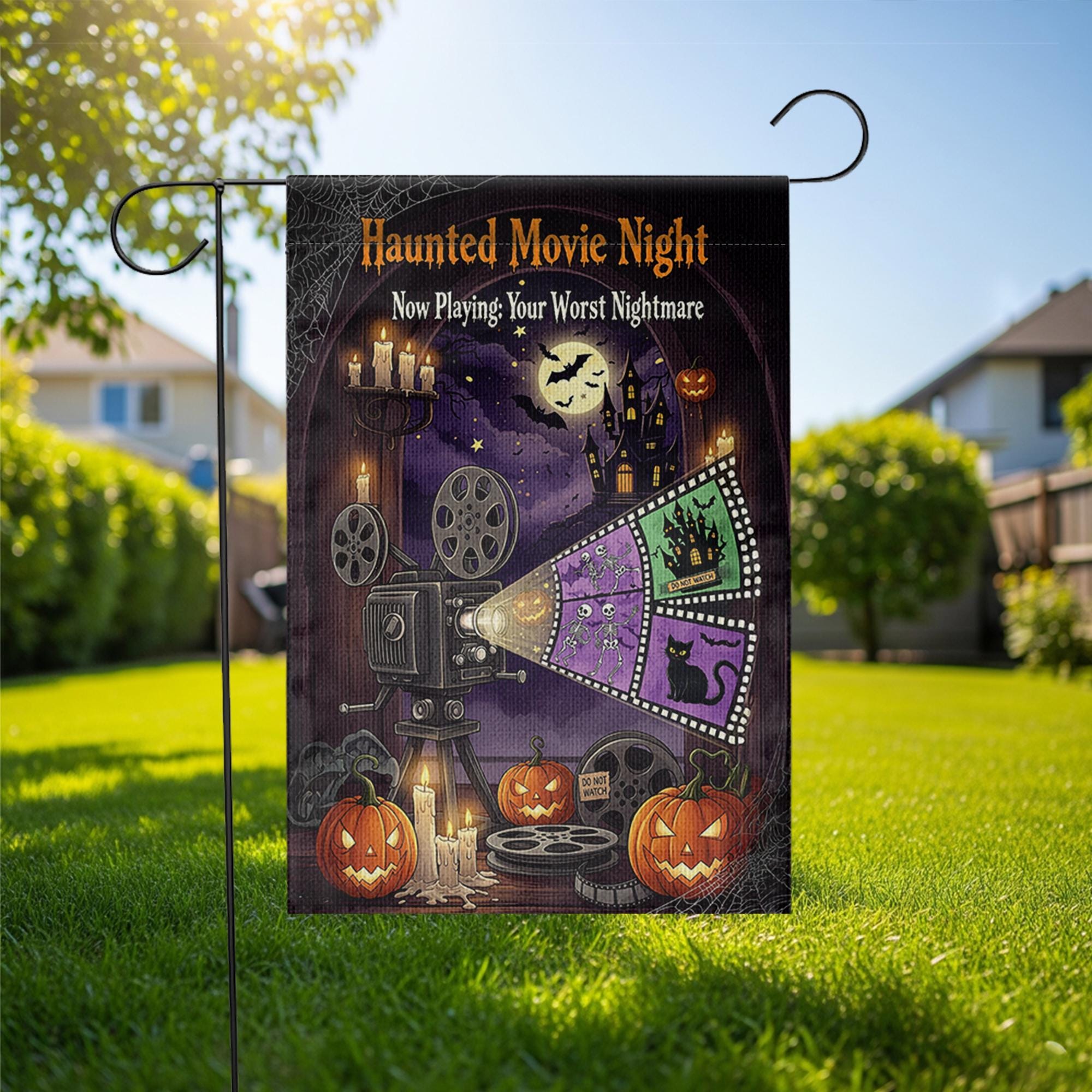 Haunted Movie Night Garden Flag – Halloween Horror Outdoor Decor, Spooky Film Projector Yard Flag, Scary Movie Night Sign