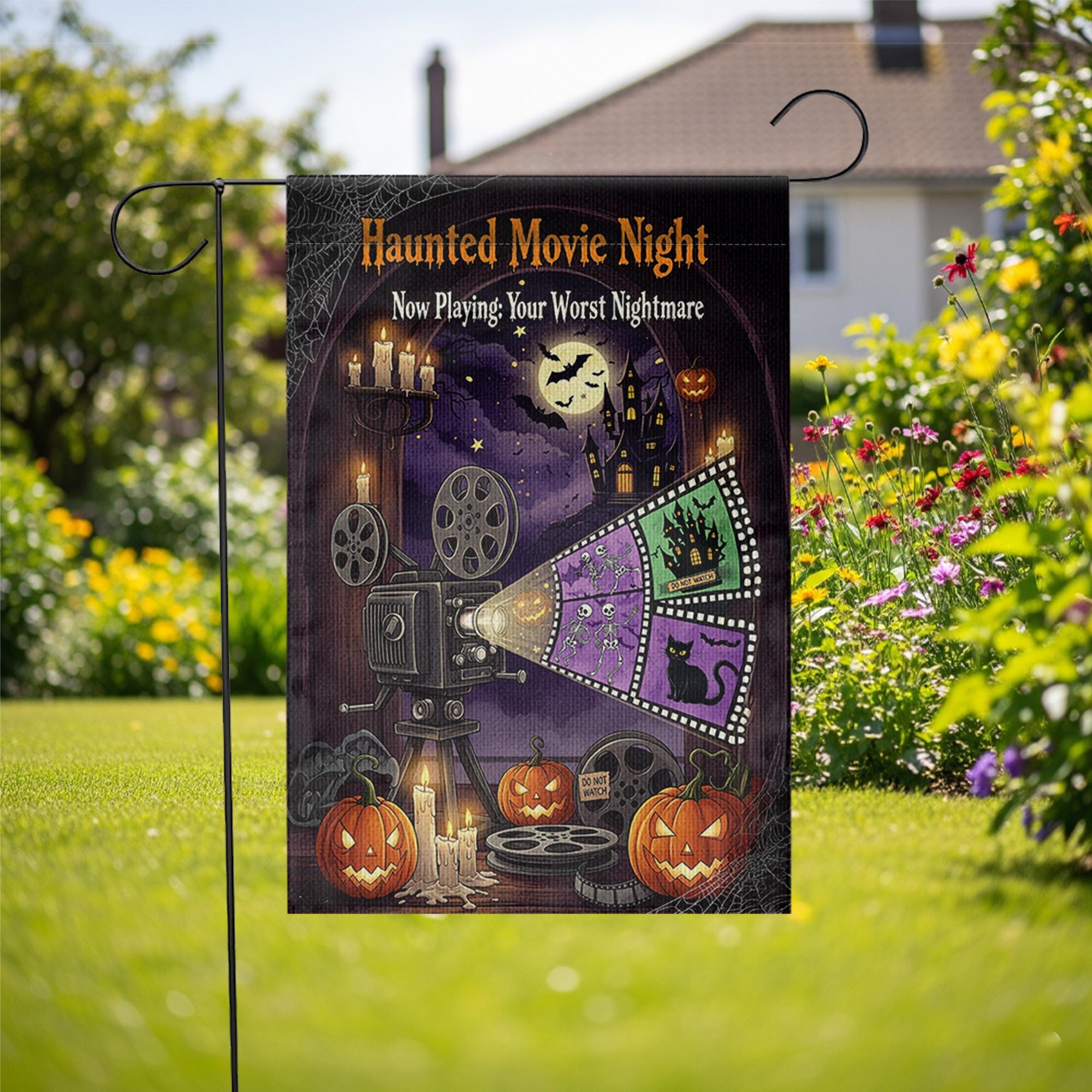 Haunted Movie Night Garden Flag – Halloween Horror Outdoor Decor, Spooky Film Projector Yard Flag, Scary Movie Night Sign