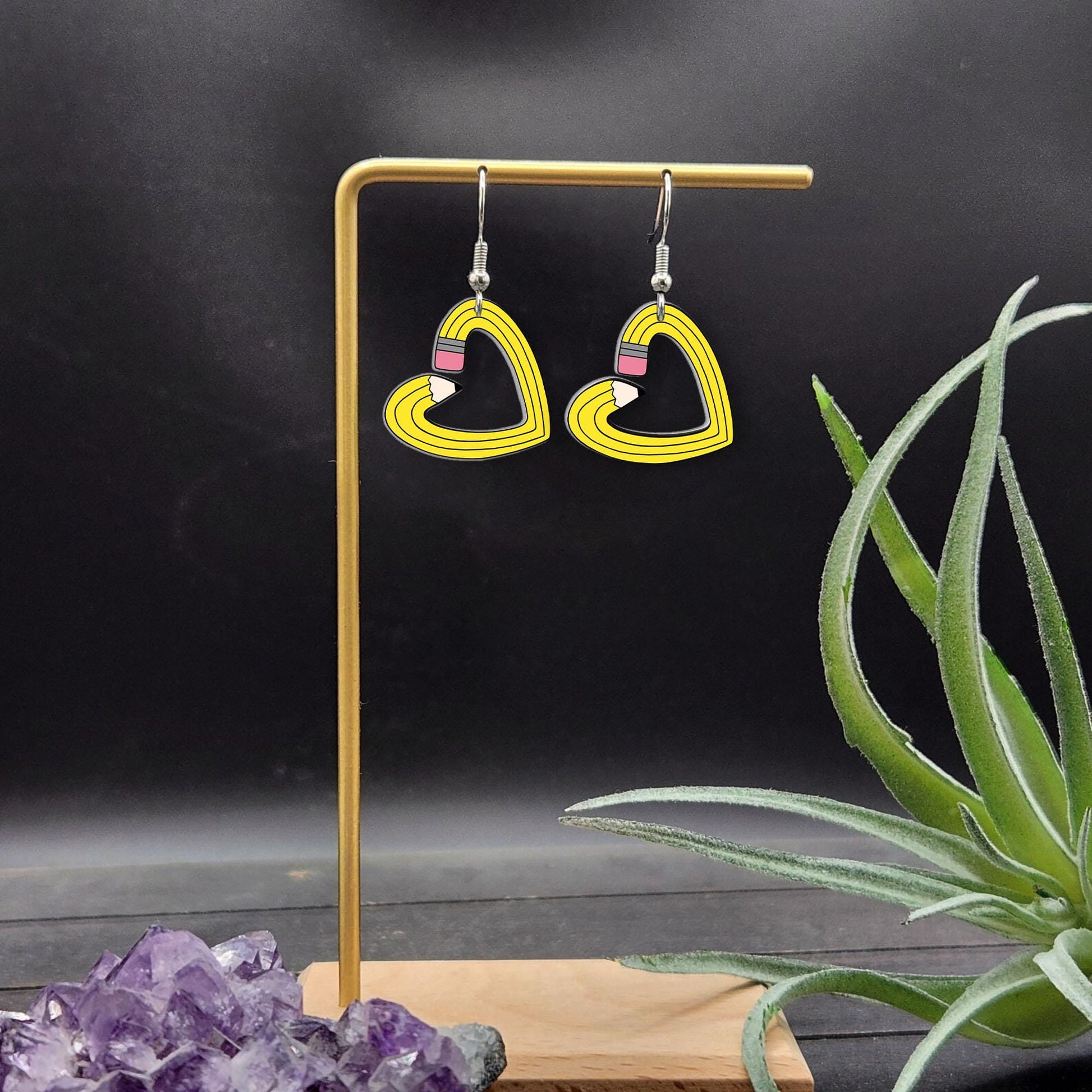 Teacher Pencil Earrings, Heart Shaped Pencil Dangle Earrings, Cute Teacher Gift, Back to School Jewelry, Fun Teacher Accessories