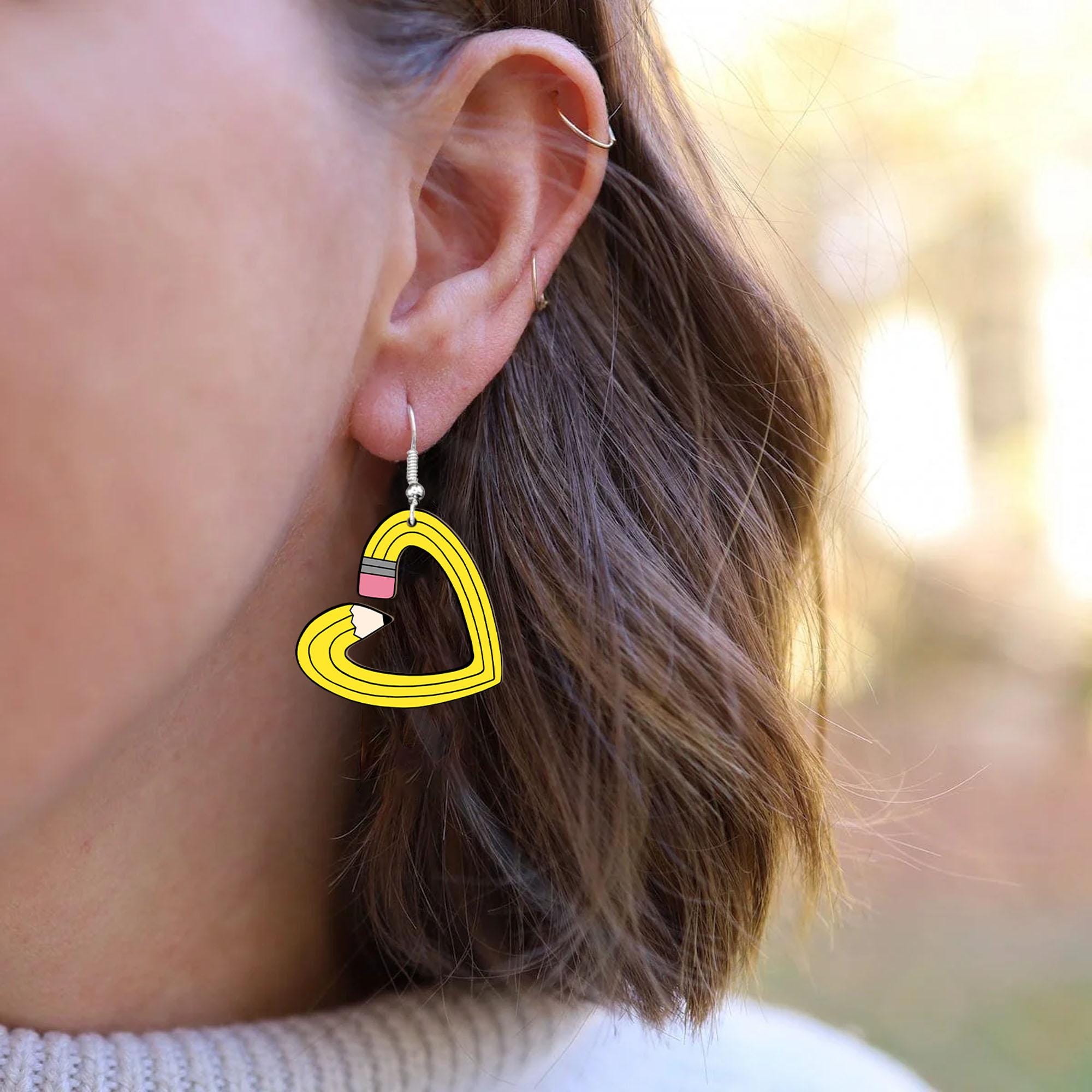 Teacher Pencil Earrings, Heart Shaped Pencil Dangle Earrings, Cute Teacher Gift, Back to School Jewelry, Fun Teacher Accessories