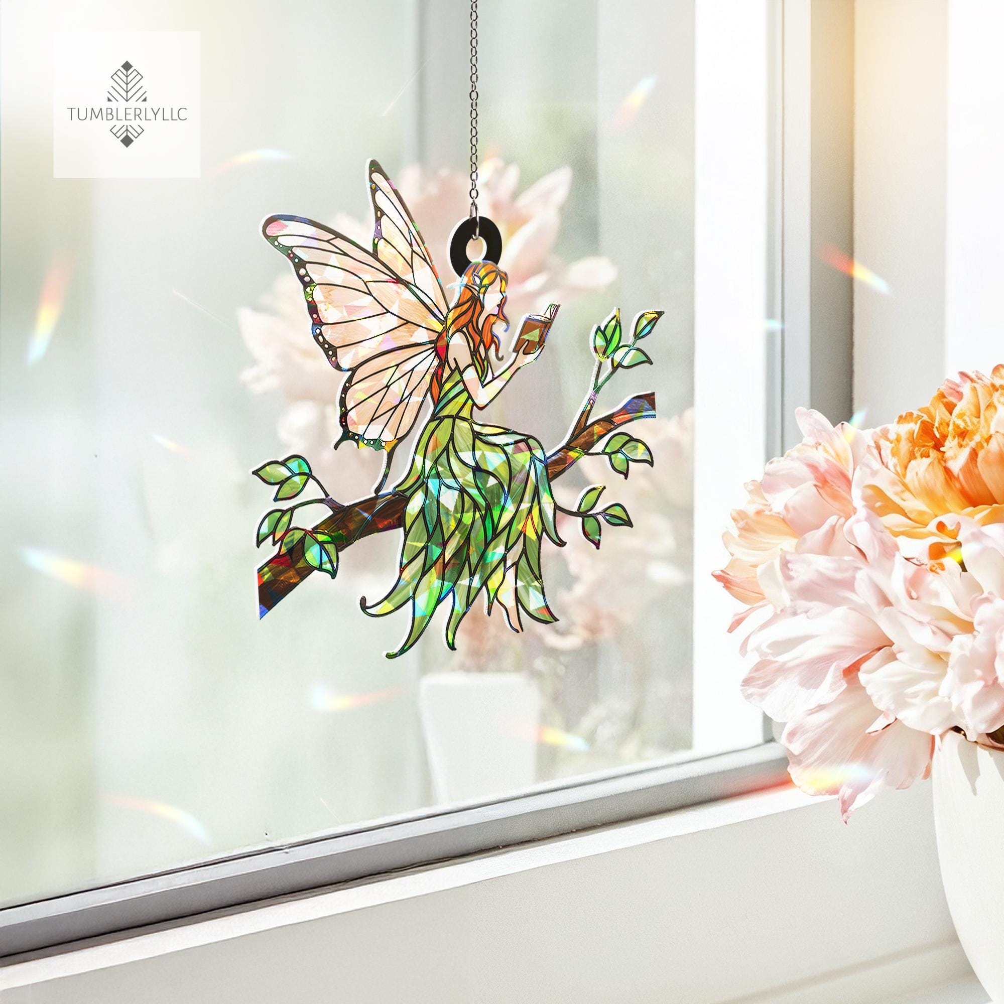 Magical Holographic Fairy Suncatcher - Acrylic Window Hanging Fairy Reading Book - Iridescent Fairy Window Decor Gift for Nature Lovers