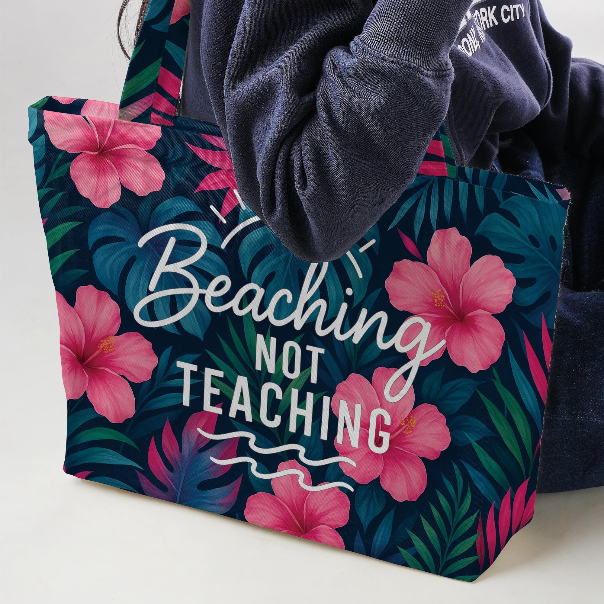 Beaching Not Teaching Tote Bag – Funny Summer Teacher Gift, Tropical Floral Vacation Bag, End of School Year Beach Bag for Teachers