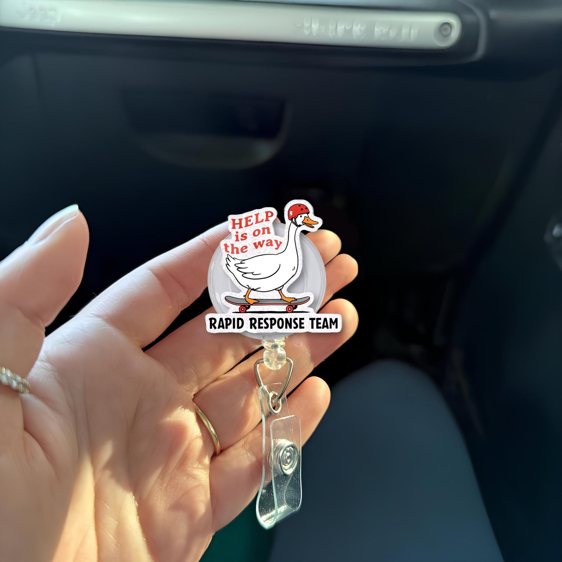 Funny Silly goose Badge Reel – Rapid Response Team ID Holder, Nurse Gift for Healthcare Workers, Help Is on the Way Hospital Badge Clip