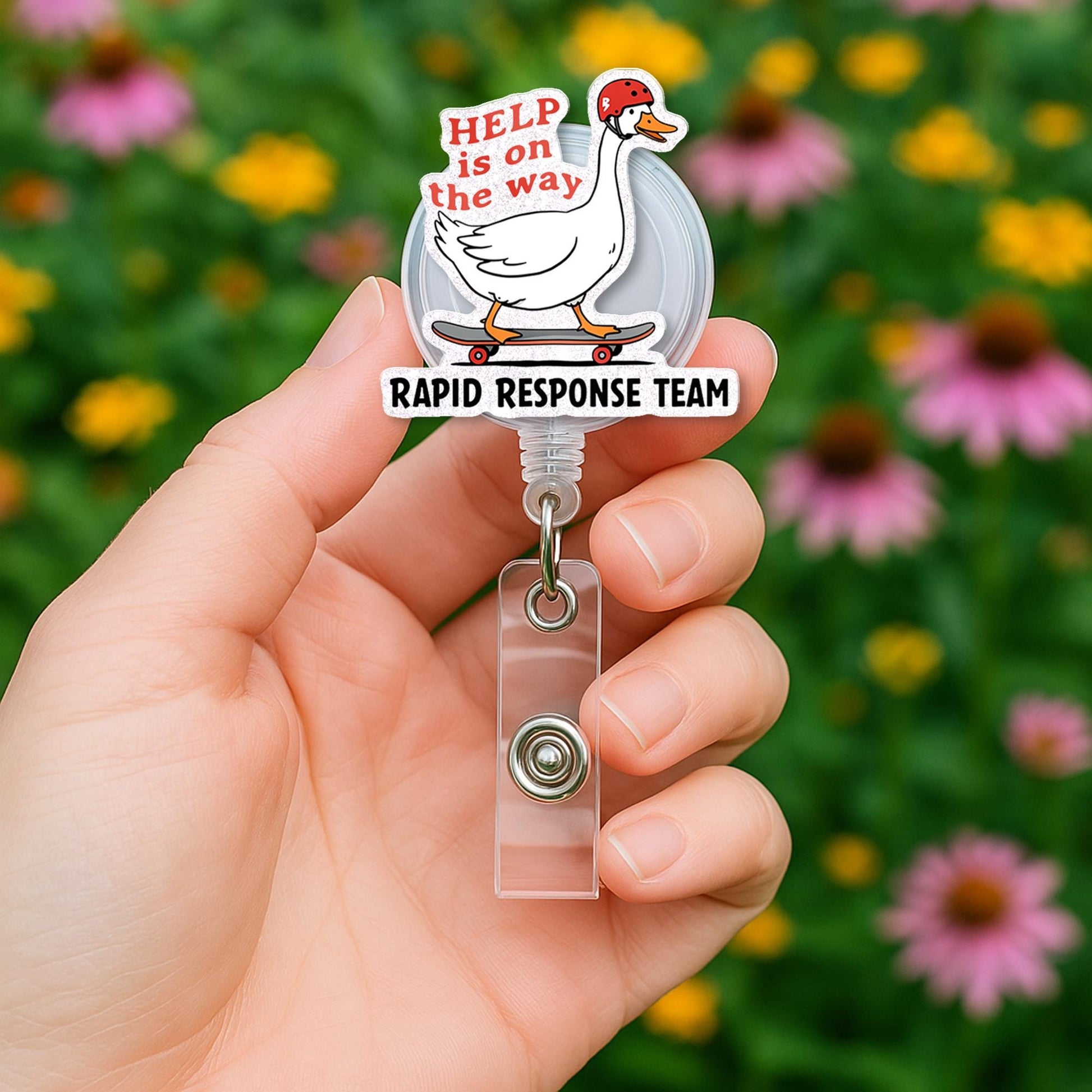 Funny Silly goose Badge Reel – Rapid Response Team ID Holder, Nurse Gift for Healthcare Workers, Help Is on the Way Hospital Badge Clip