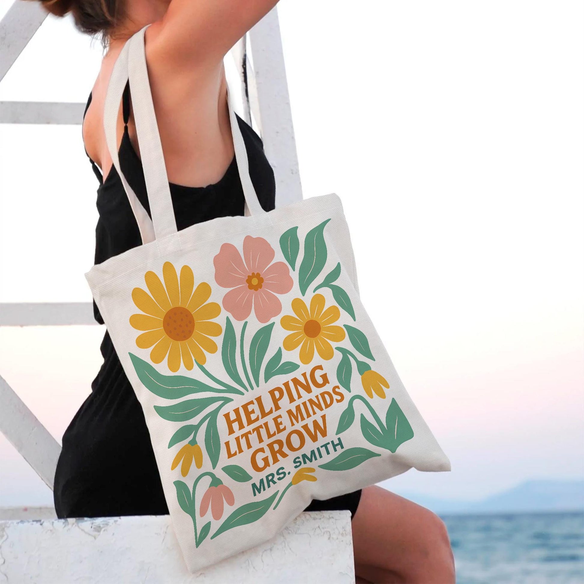 Helping Little Minds Grow Custom Tote – Personalized Teacher Gift, Floral Summer Tote Bag for Preschool & Elementary Educators