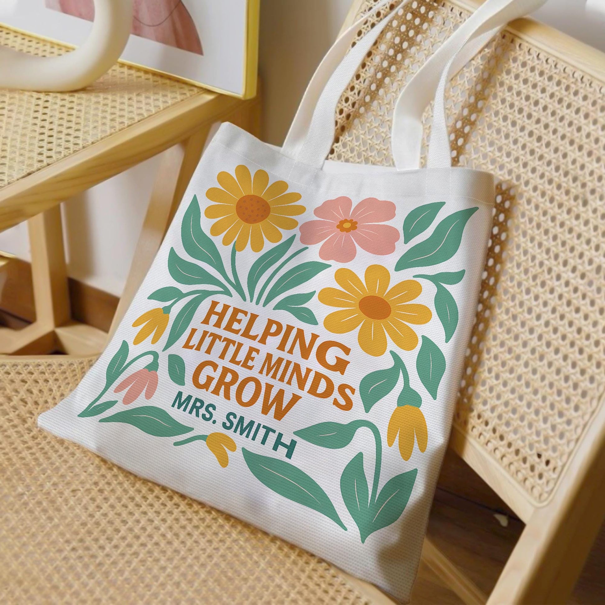 Helping Little Minds Grow Custom Tote – Personalized Teacher Gift, Floral Summer Tote Bag for Preschool & Elementary Educators