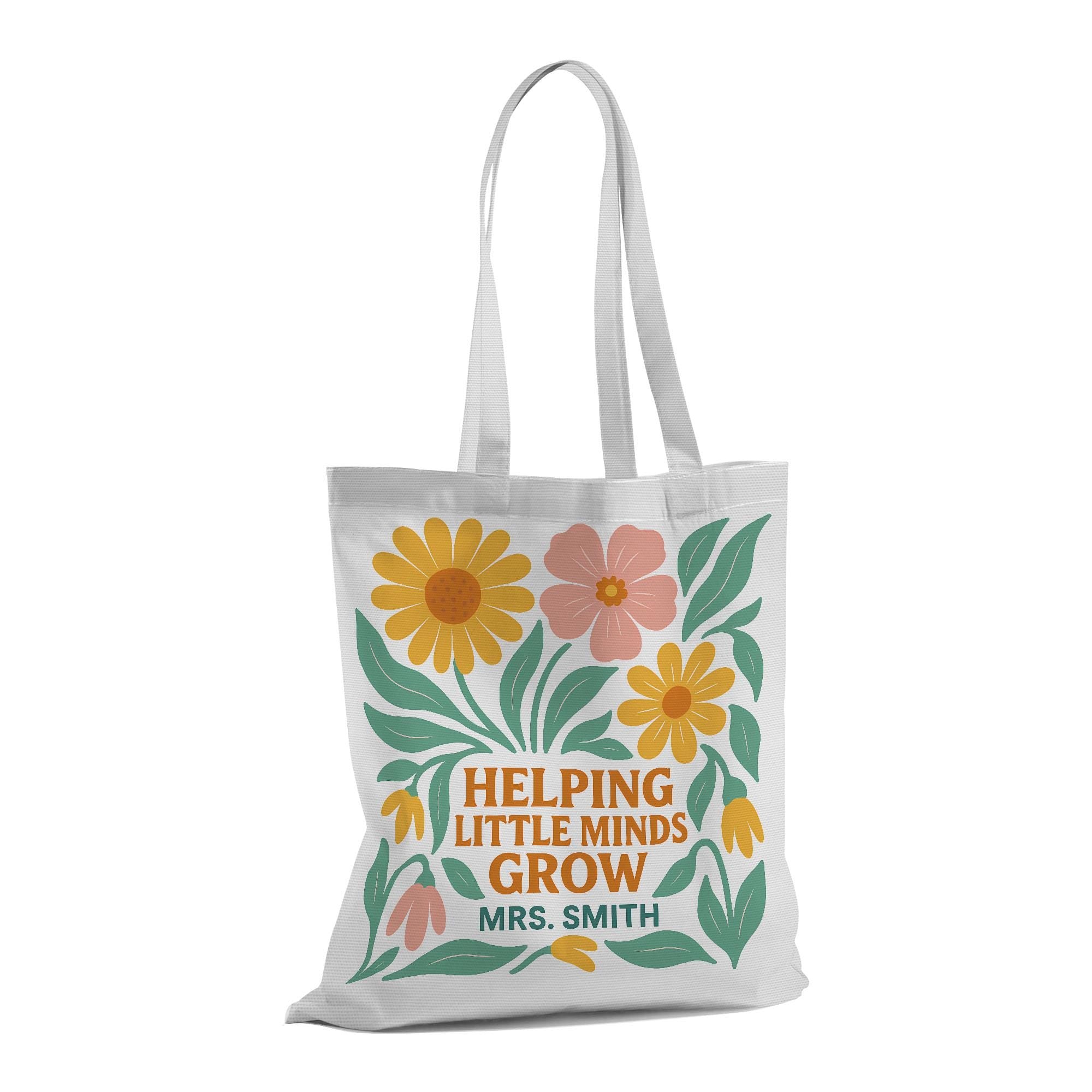 Helping Little Minds Grow Custom Tote – Personalized Teacher Gift, Floral Summer Tote Bag for Preschool & Elementary Educators