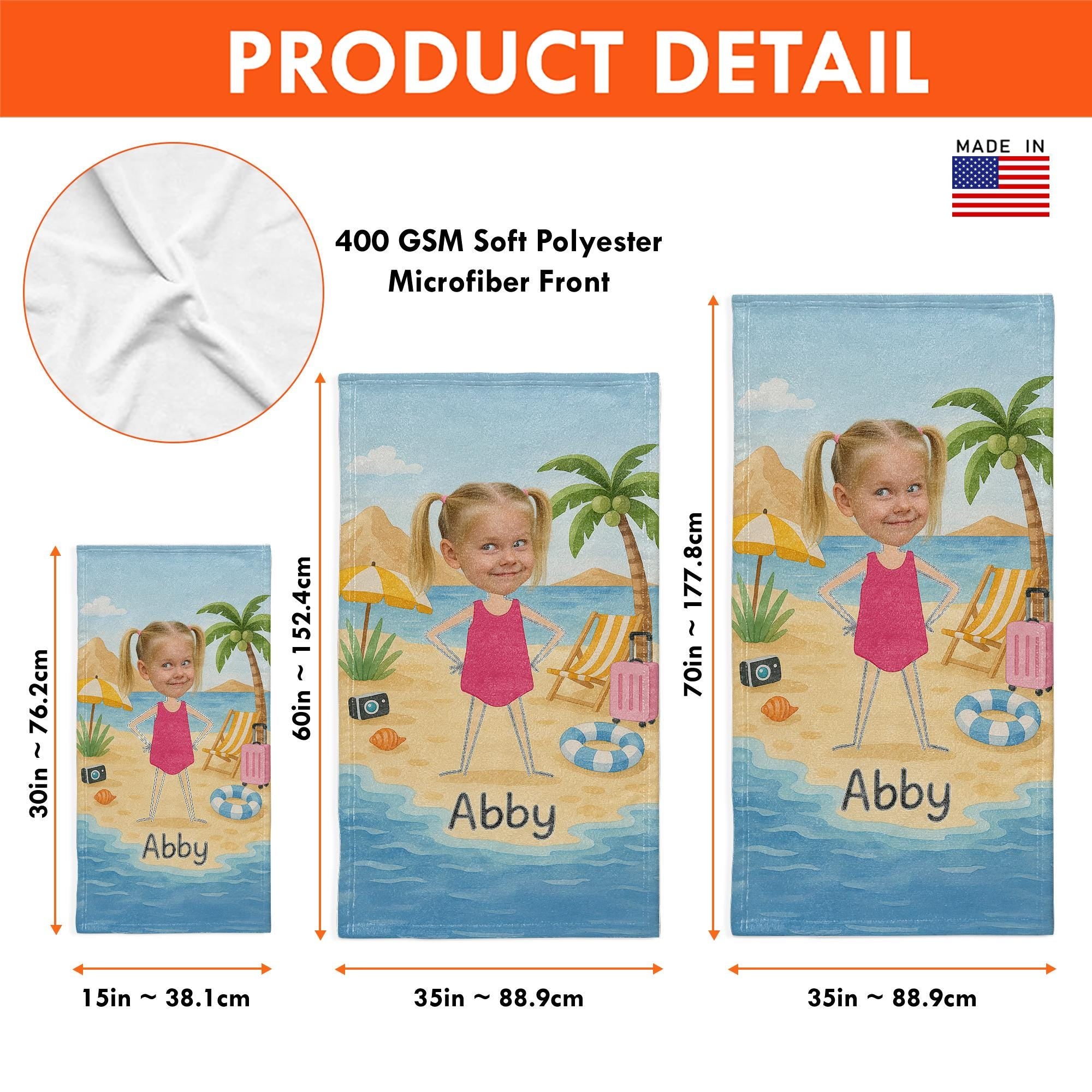 Custom Face Kids Beach Towel – Personalized Cartoon Boy or Girl Summer Towel with Name, Fun Vacation Gift for Toddlers & Children