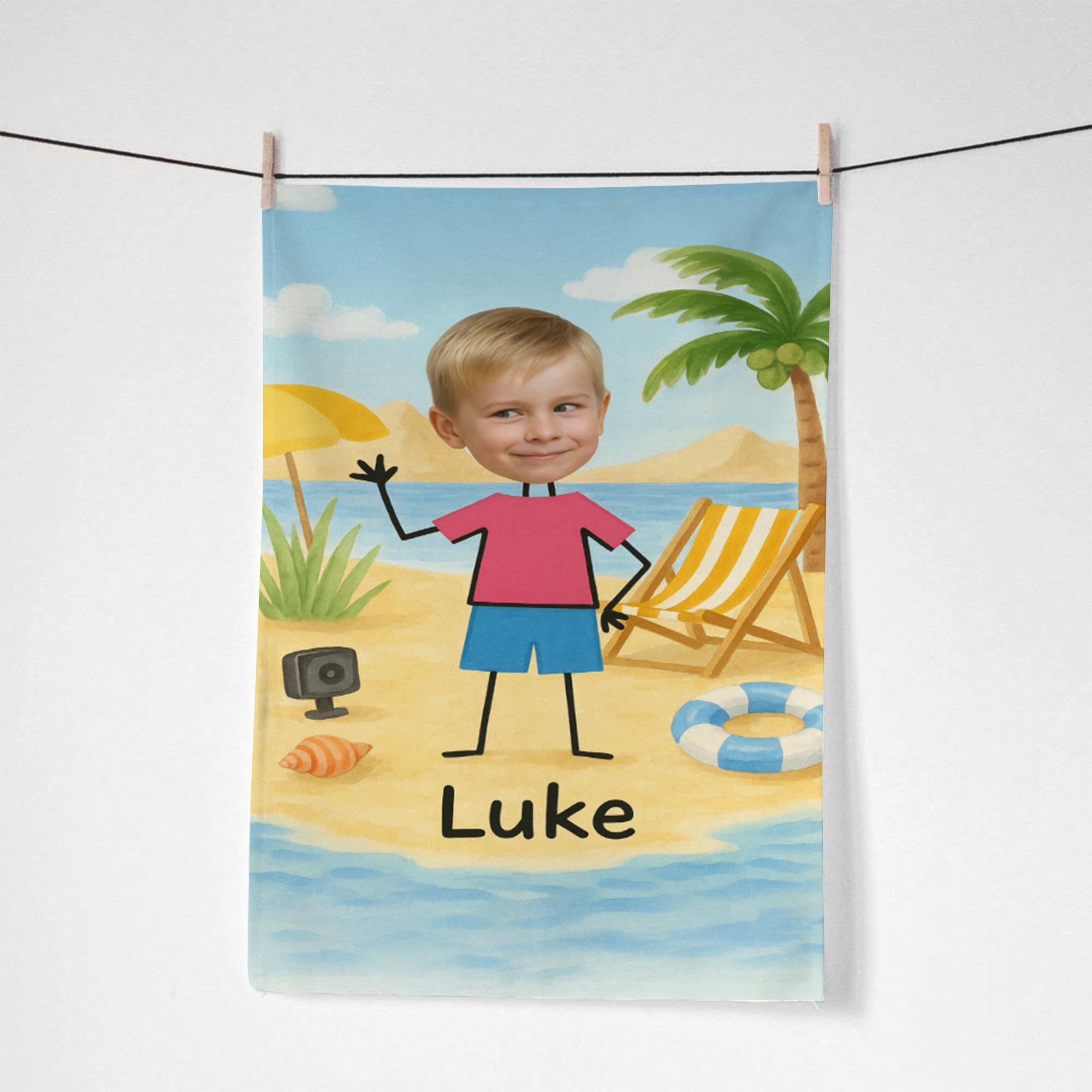Custom Face Kids Beach Towel – Personalized Cartoon Boy or Girl Summer Towel with Name, Fun Vacation Gift for Toddlers & Children
