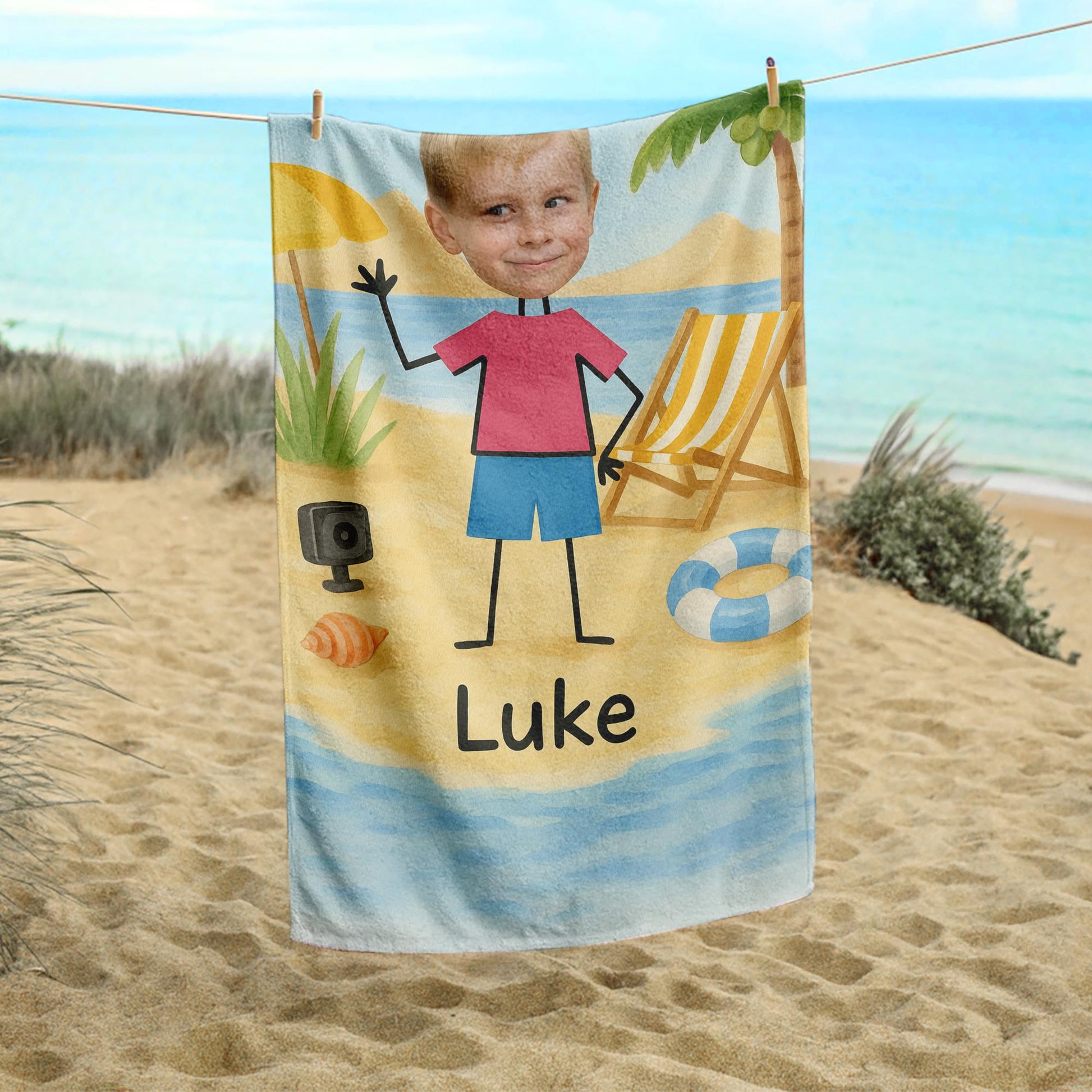 Custom Face Kids Beach Towel – Personalized Cartoon Boy or Girl Summer Towel with Name, Fun Vacation Gift for Toddlers & Children