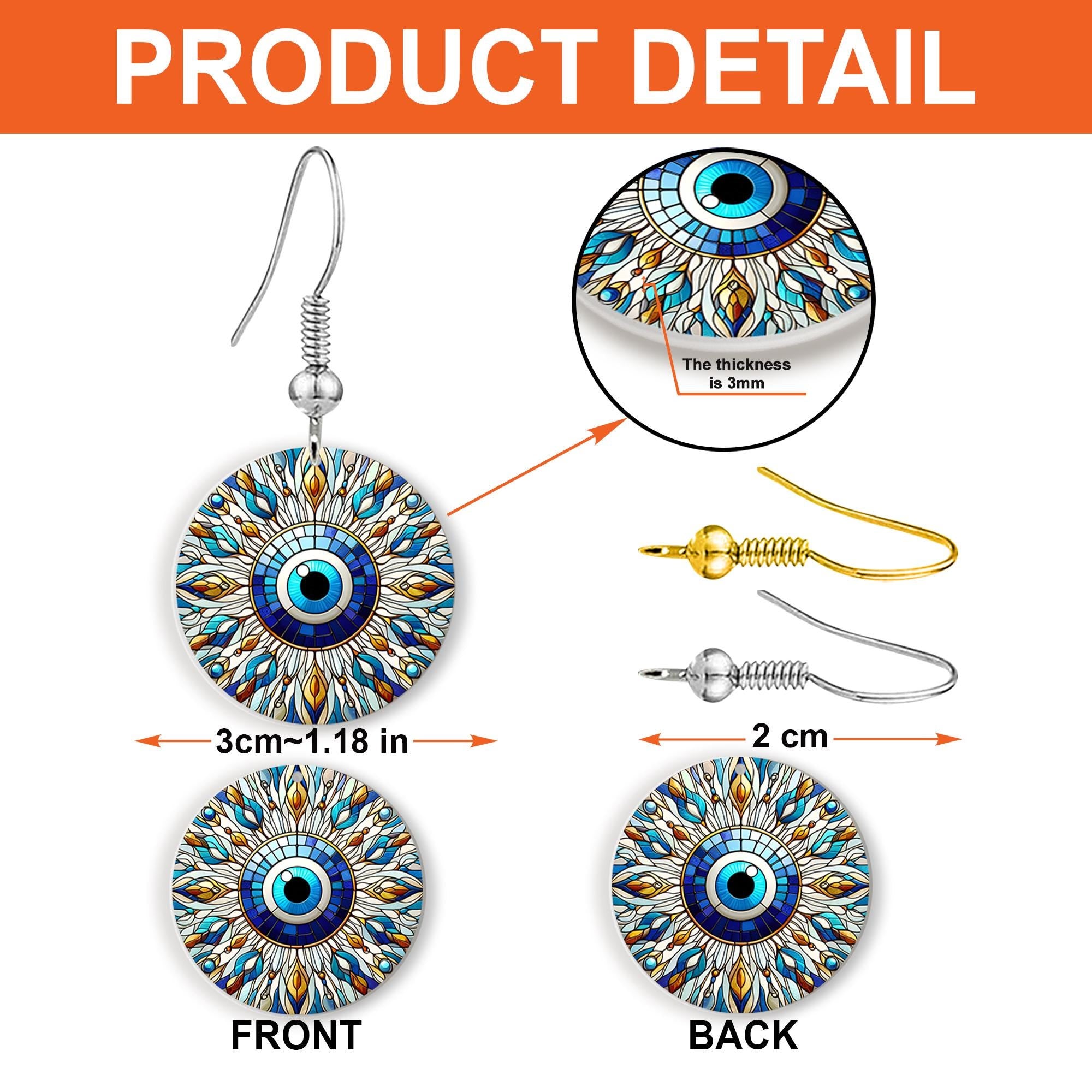 Evil Eye Dangle Earrings – Colorful Boho Protection Jewelry, Lightweight Mandala Style Statement Earrings for Good Luck & Energy
