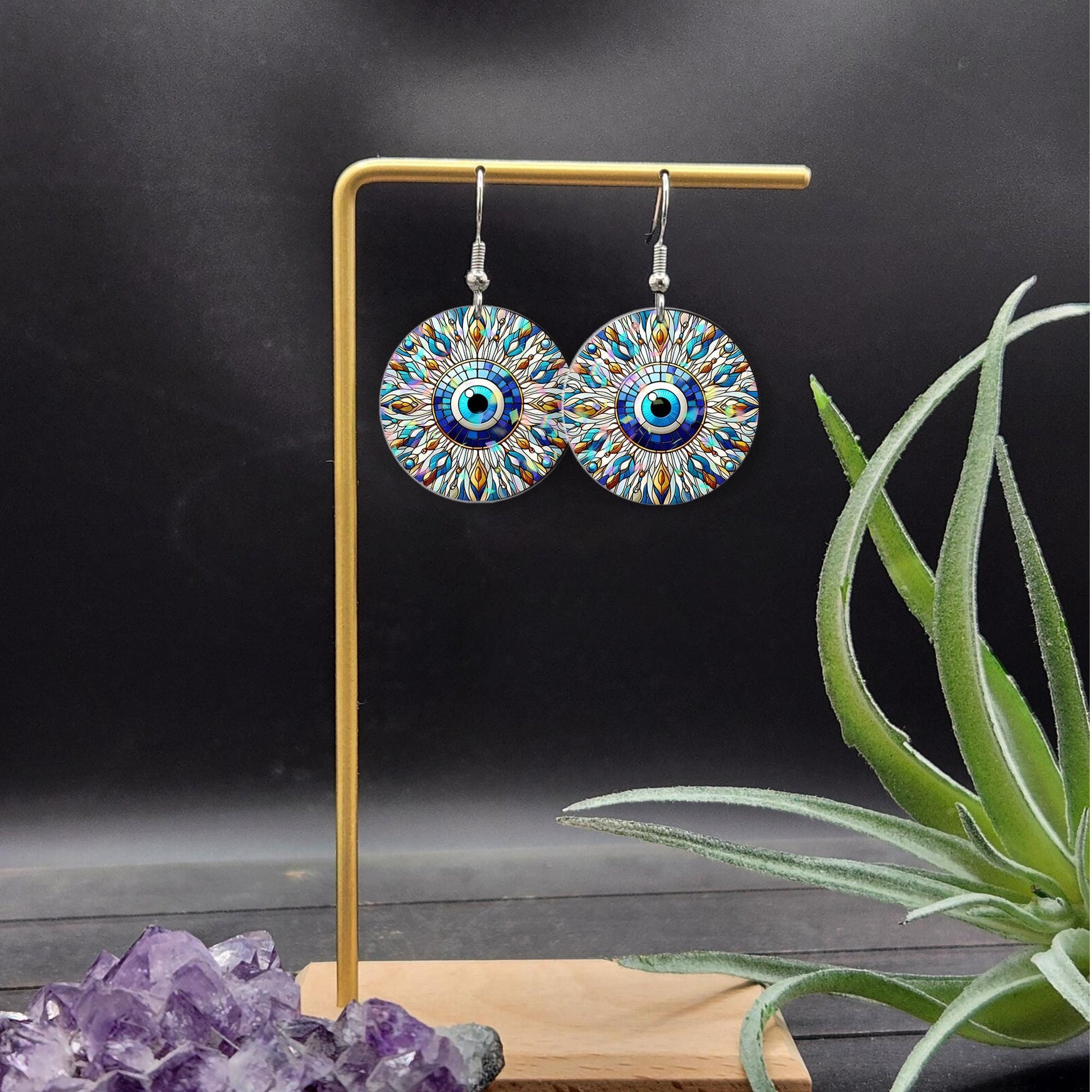 Evil Eye Dangle Earrings – Colorful Boho Protection Jewelry, Lightweight Mandala Style Statement Earrings for Good Luck & Energy