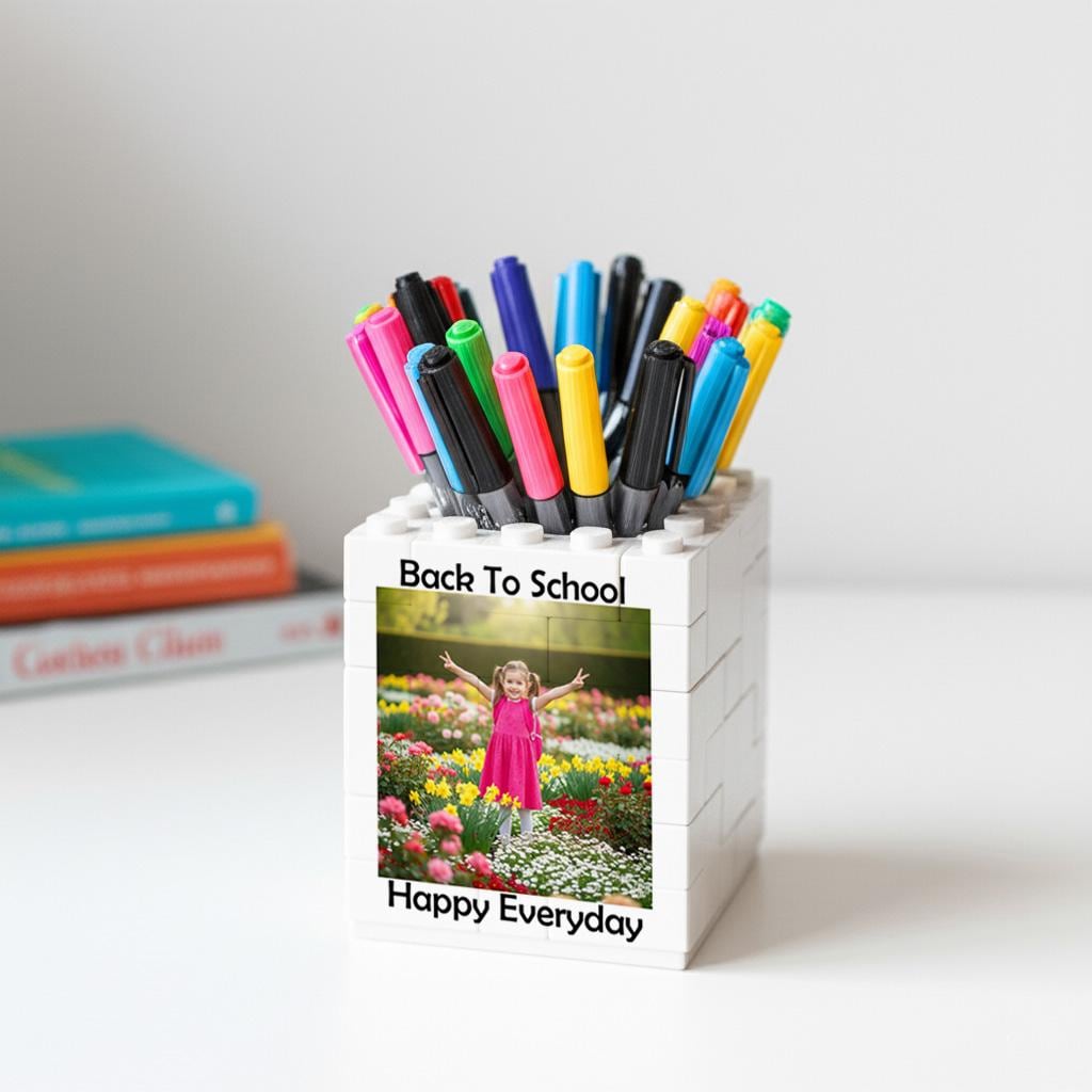 Personalised Back to School Brick Desk Pencil Pot, Custom Children's picture Bedroom Gift Pencil Pot, Gifts for Dad, Kids, Children, Student