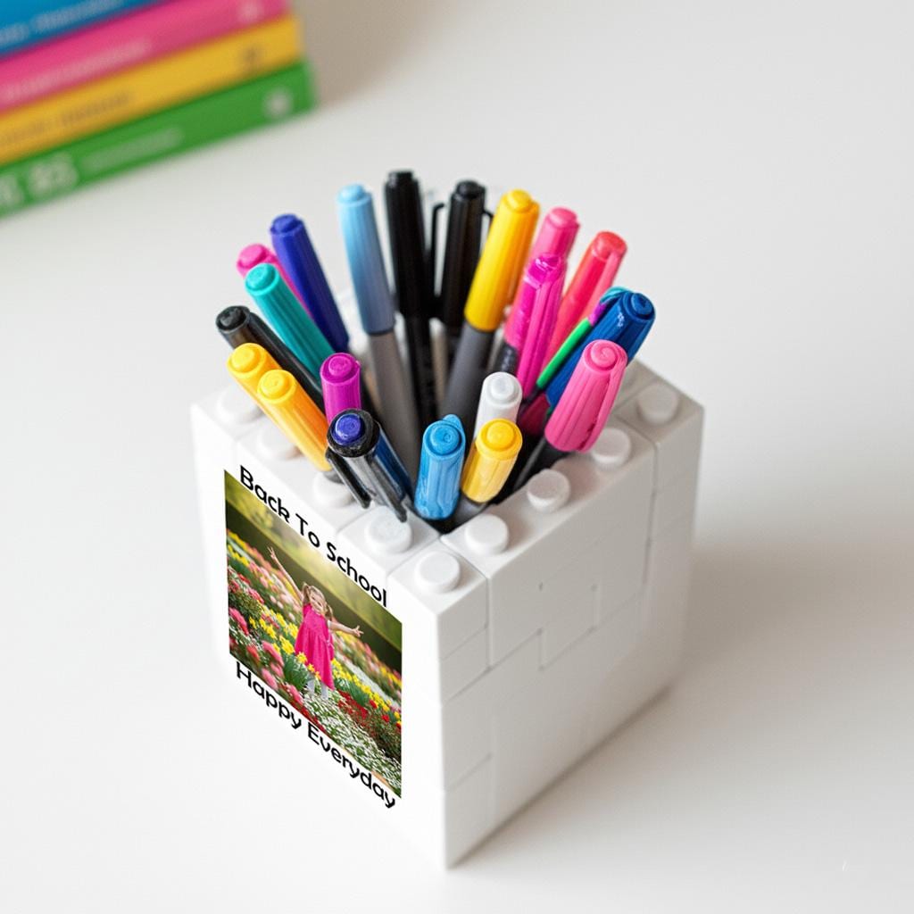 Personalised Back to School Brick Desk Pencil Pot, Custom Children's picture Bedroom Gift Pencil Pot, Gifts for Dad, Kids, Children, Student
