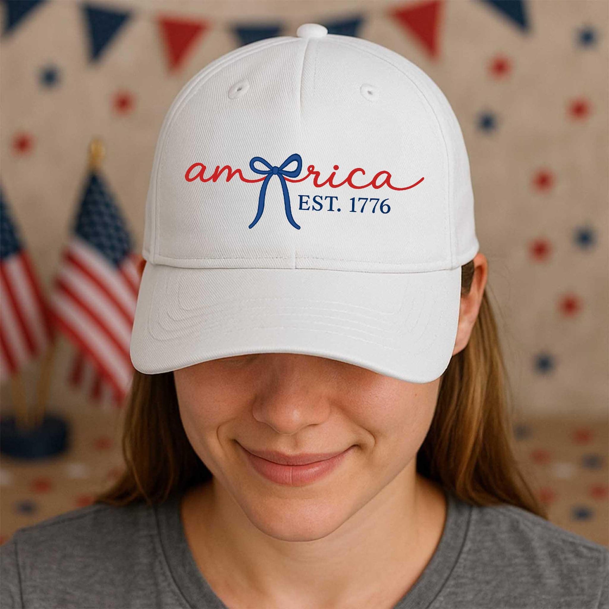 America EST. 1776 Hat – Patriotic White Baseball Cap with Bow Script Design – Cute 4th of July Hat for Women, USA Freedom Gift