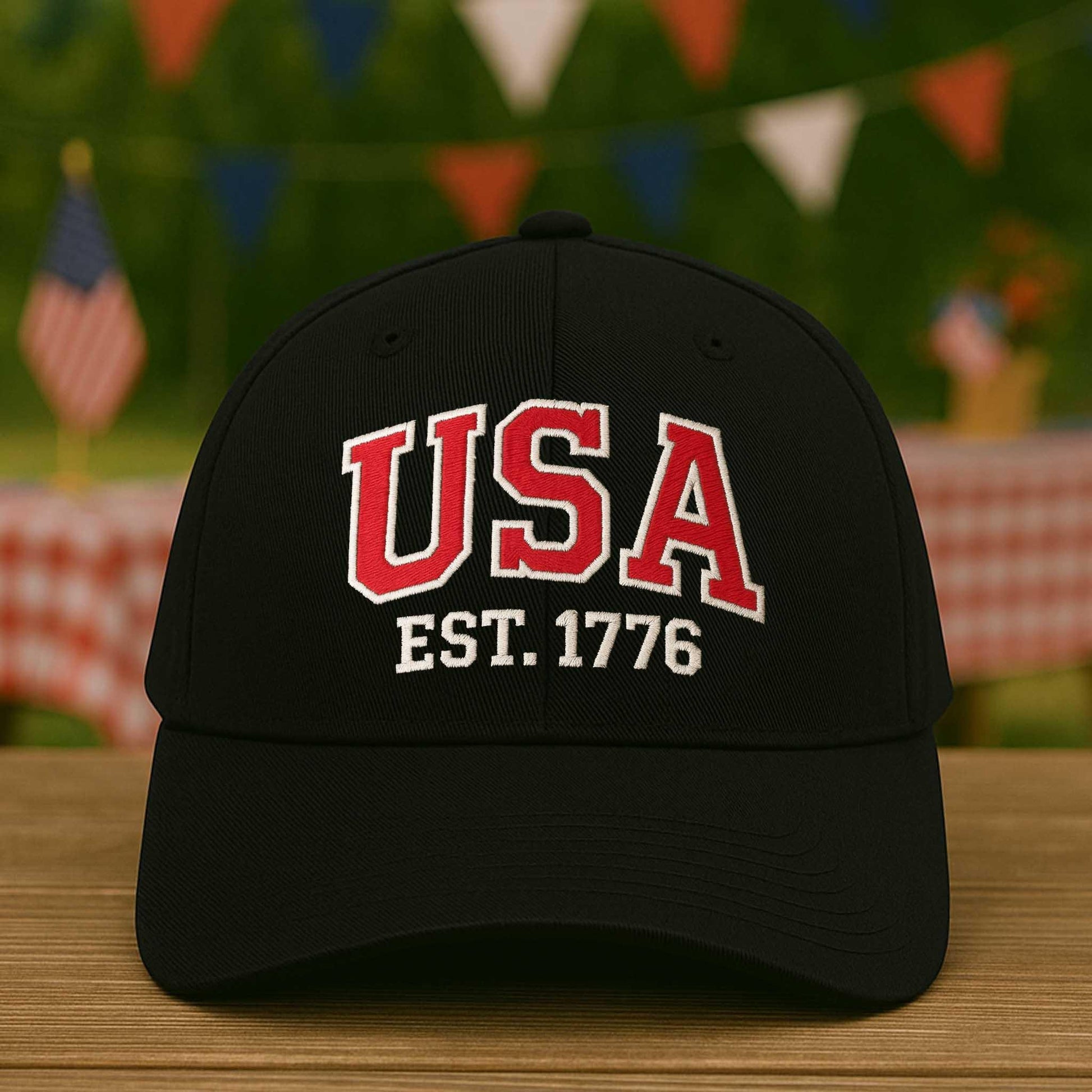 USA EST. 1776 Hat – Black Patriotic Baseball Cap with Embroidered Letters – American Pride Hat for 4th of July & Veterans Gift