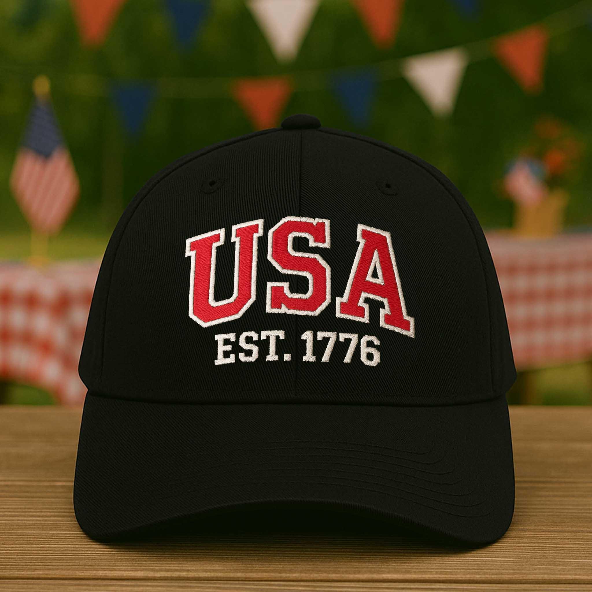 USA EST. 1776 Hat – Black Patriotic Baseball Cap with Embroidered Letters – American Pride Hat for 4th of July & Veterans Gift
