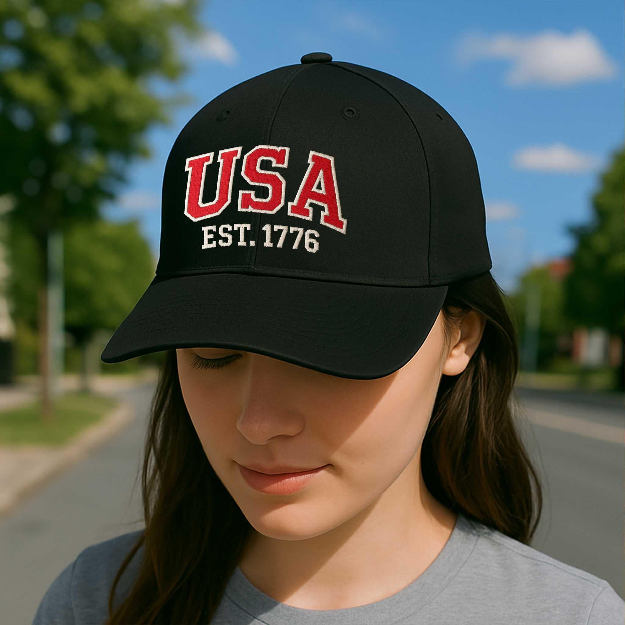 USA EST. 1776 Hat – Black Patriotic Baseball Cap with Embroidered Letters – American Pride Hat for 4th of July & Veterans Gift