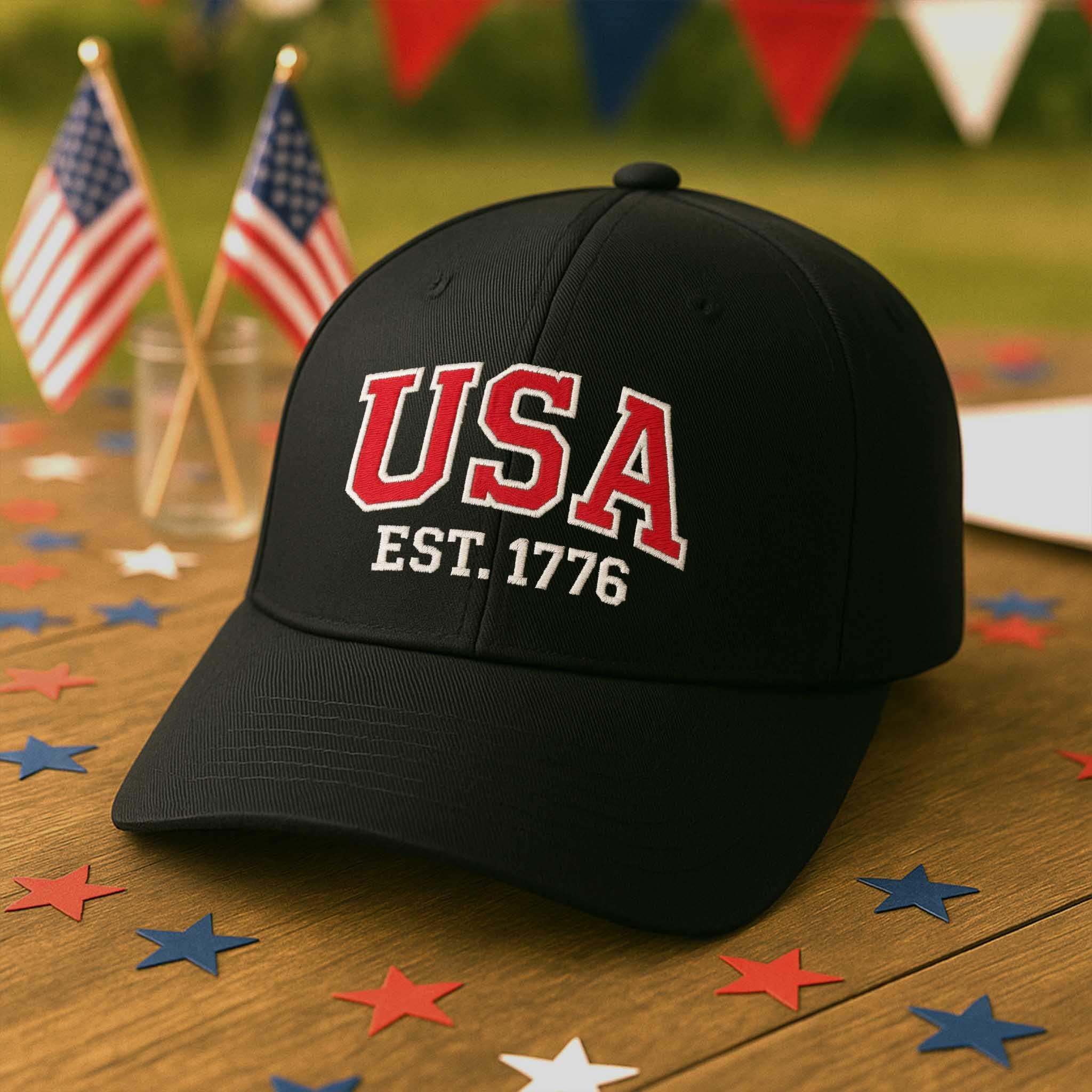 USA EST. 1776 Hat – Black Patriotic Baseball Cap with Embroidered Letters – American Pride Hat for 4th of July & Veterans Gift