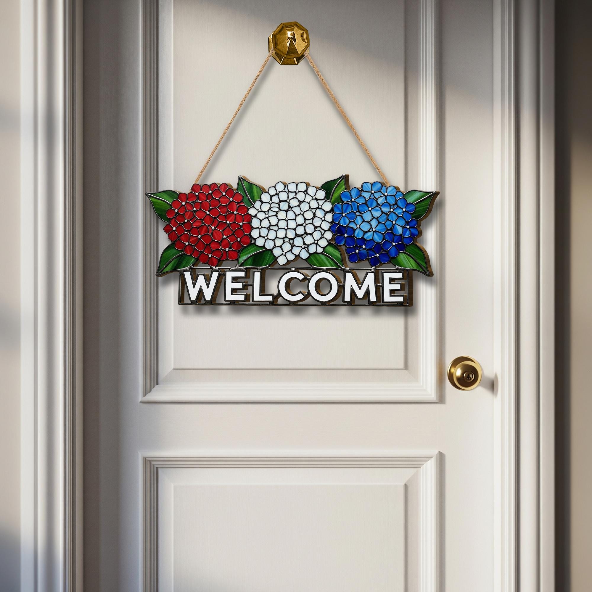 Patriotic Hydrangea WOODEN Welcome Sign, Red White Blue Door Decor, Fourth of July Porch Sign, Summer Wooden Floral Front Door Sign