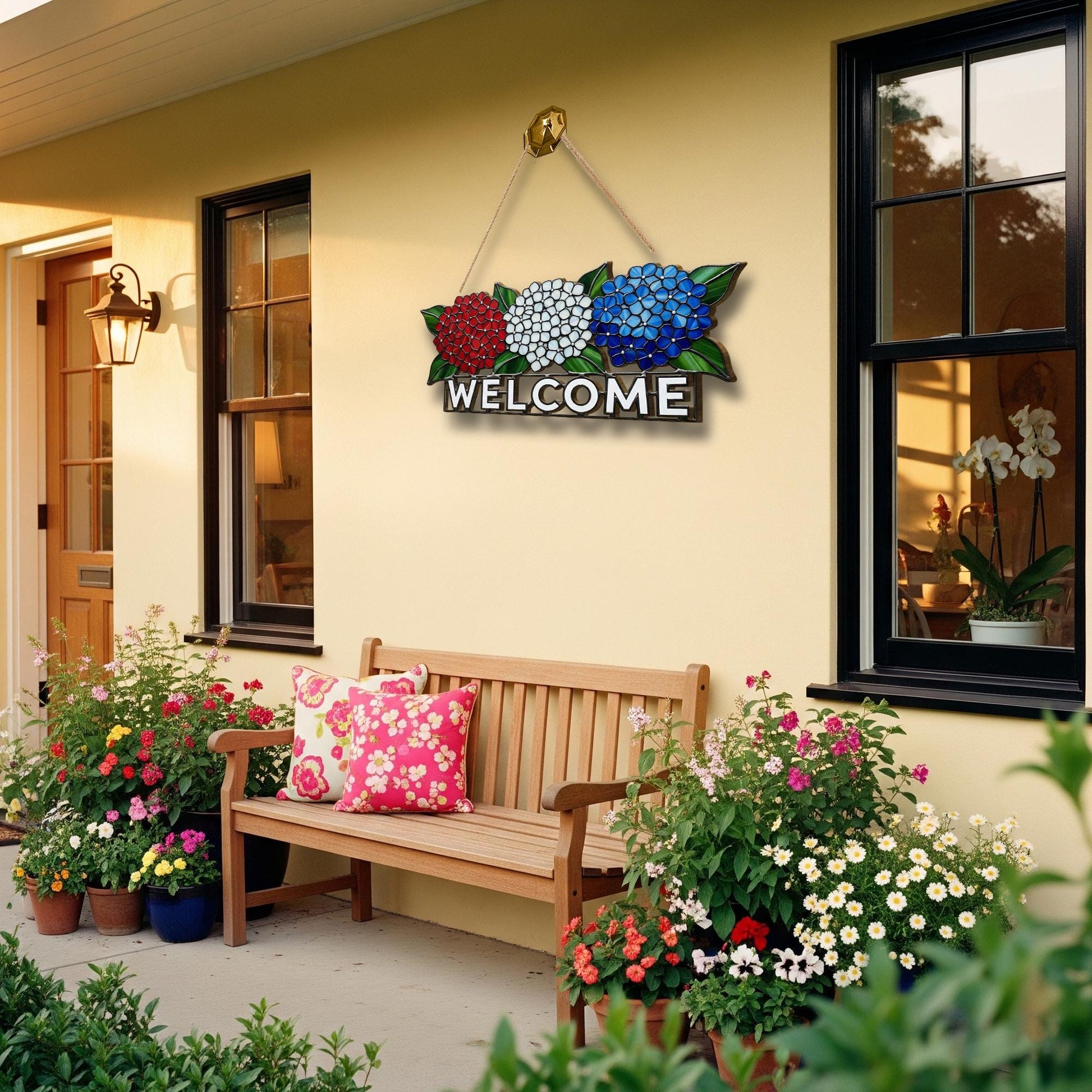 Patriotic Hydrangea WOODEN Welcome Sign, Red White Blue Door Decor, Fourth of July Porch Sign, Summer Wooden Floral Front Door Sign