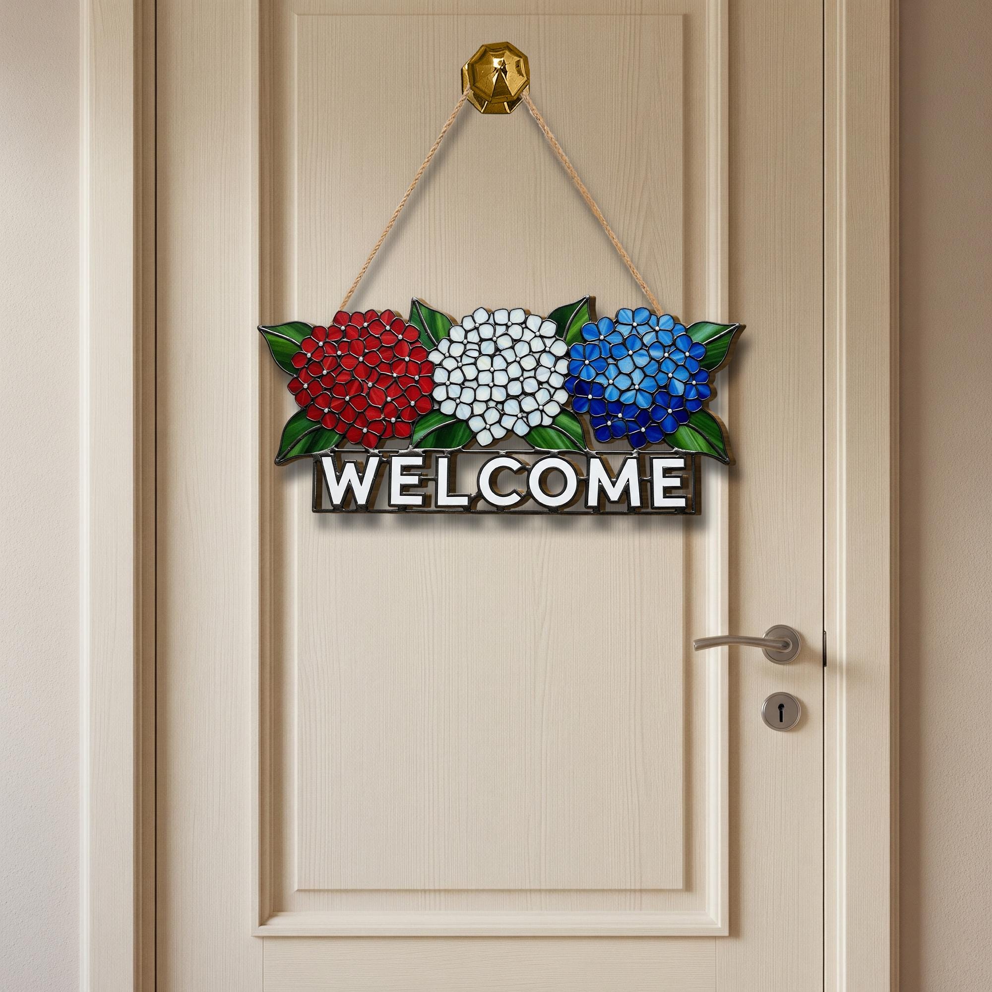 Patriotic Hydrangea WOODEN Welcome Sign, Red White Blue Door Decor, Fourth of July Porch Sign, Summer Wooden Floral Front Door Sign