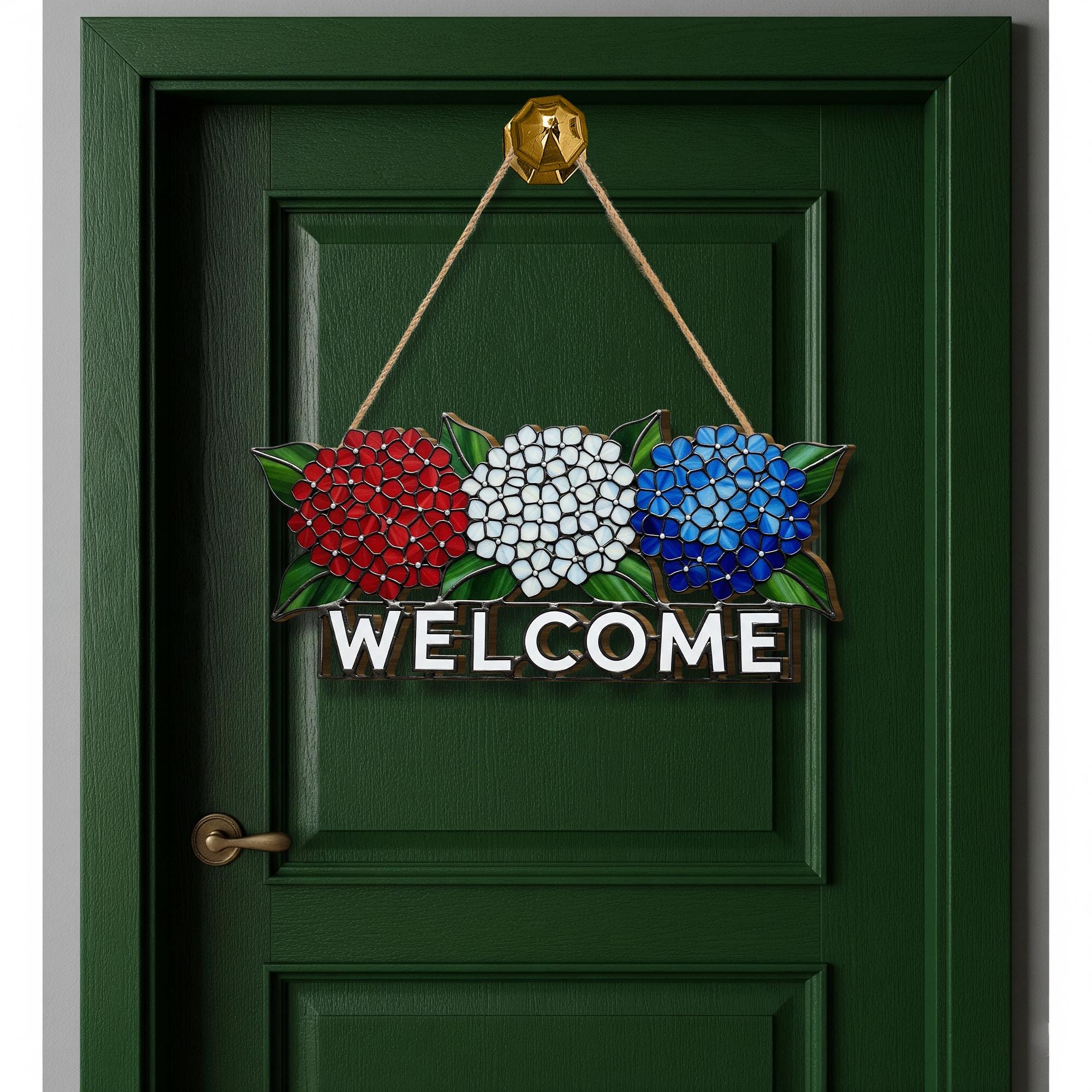 Patriotic Hydrangea WOODEN Welcome Sign, Red White Blue Door Decor, Fourth of July Porch Sign, Summer Wooden Floral Front Door Sign