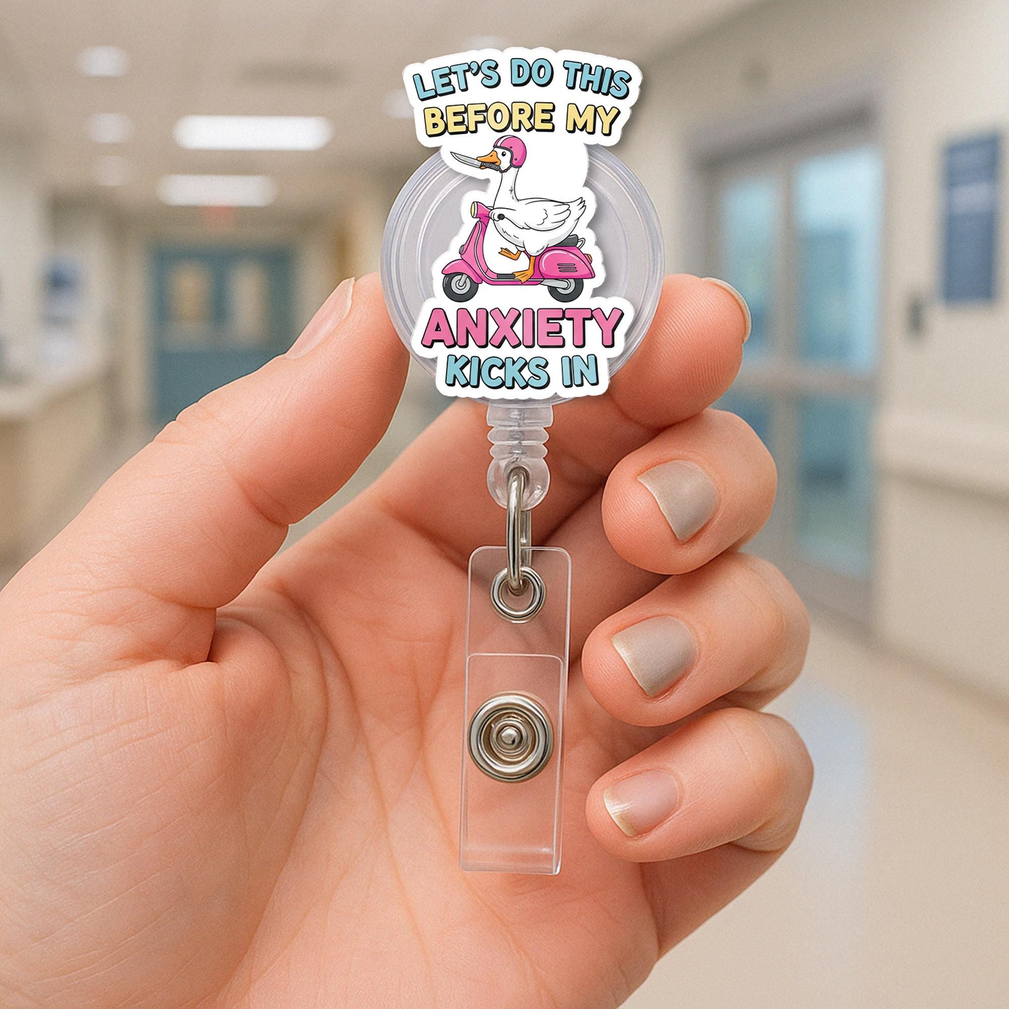 Funny Anxiety Badge Reel | Goose on Scooter Retractable ID Holder | Cute Mental Health Clip | Quirky Office Badge | Nurse Gift Reel