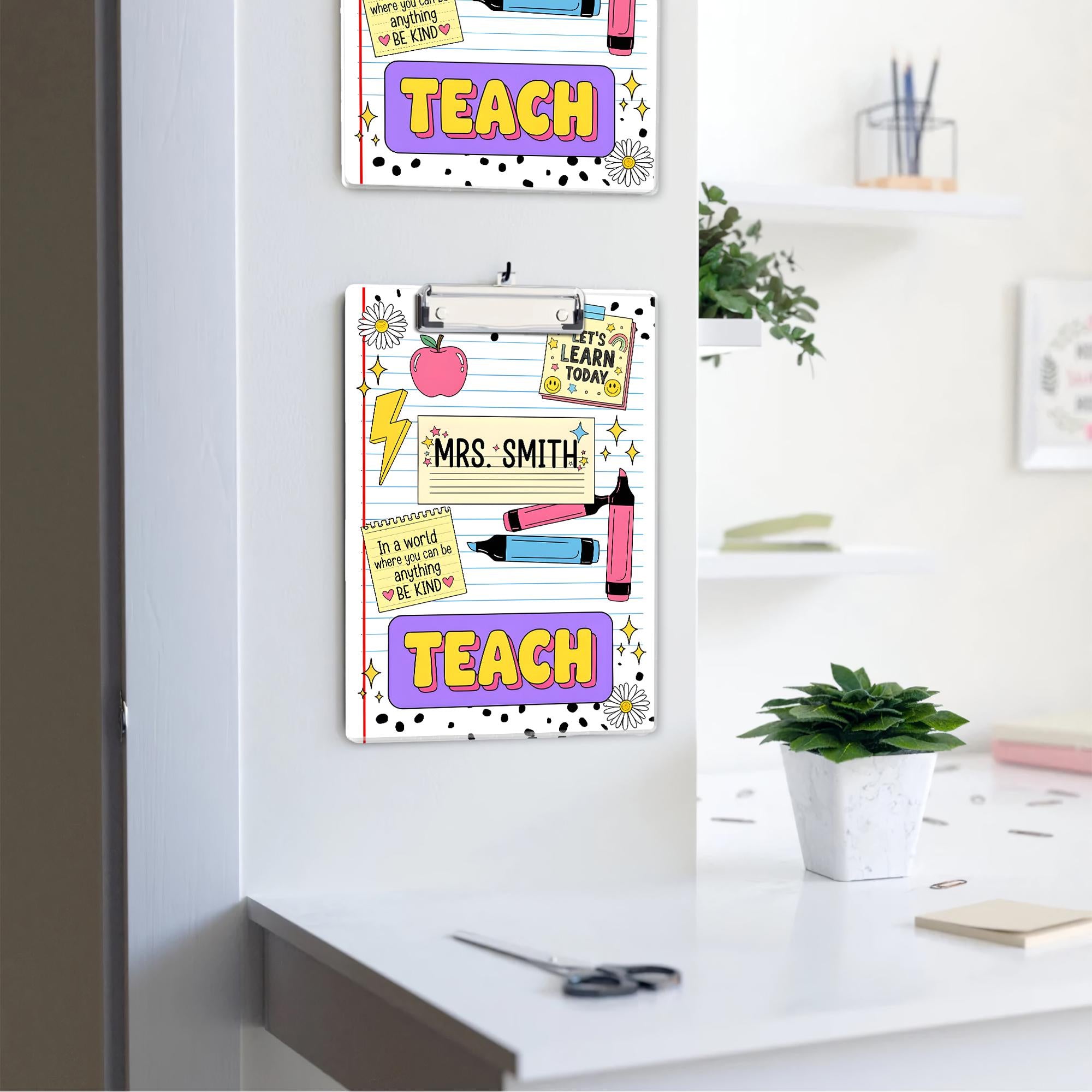 Personalized Teacher Clipboard – Cute Doodle Design with Name, Apple, Markers & Quotes, Fun Back to School Gift for Educators, Teachers