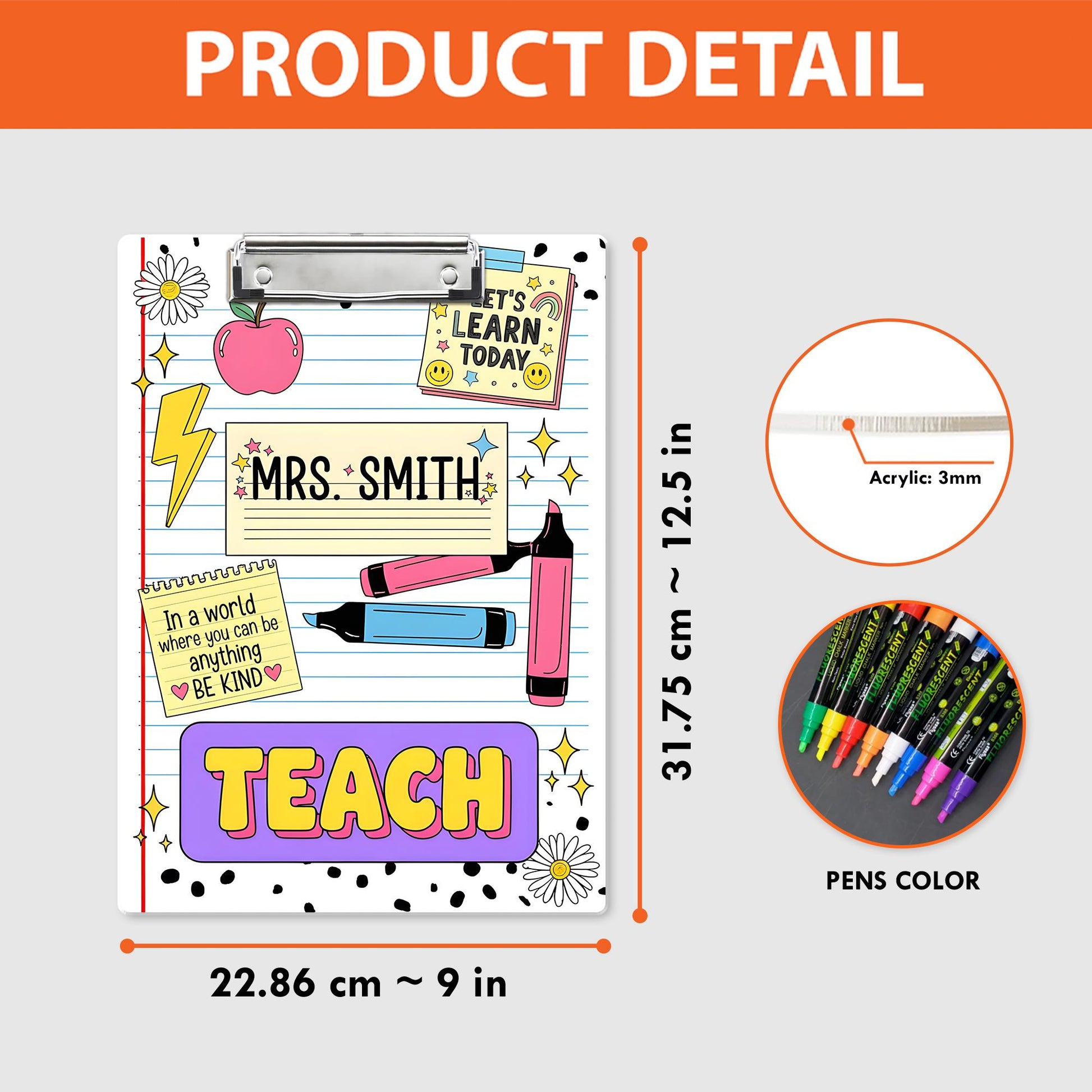Personalized Teacher Clipboard – Cute Doodle Design with Name, Apple, Markers & Quotes, Fun Back to School Gift for Educators, Teachers