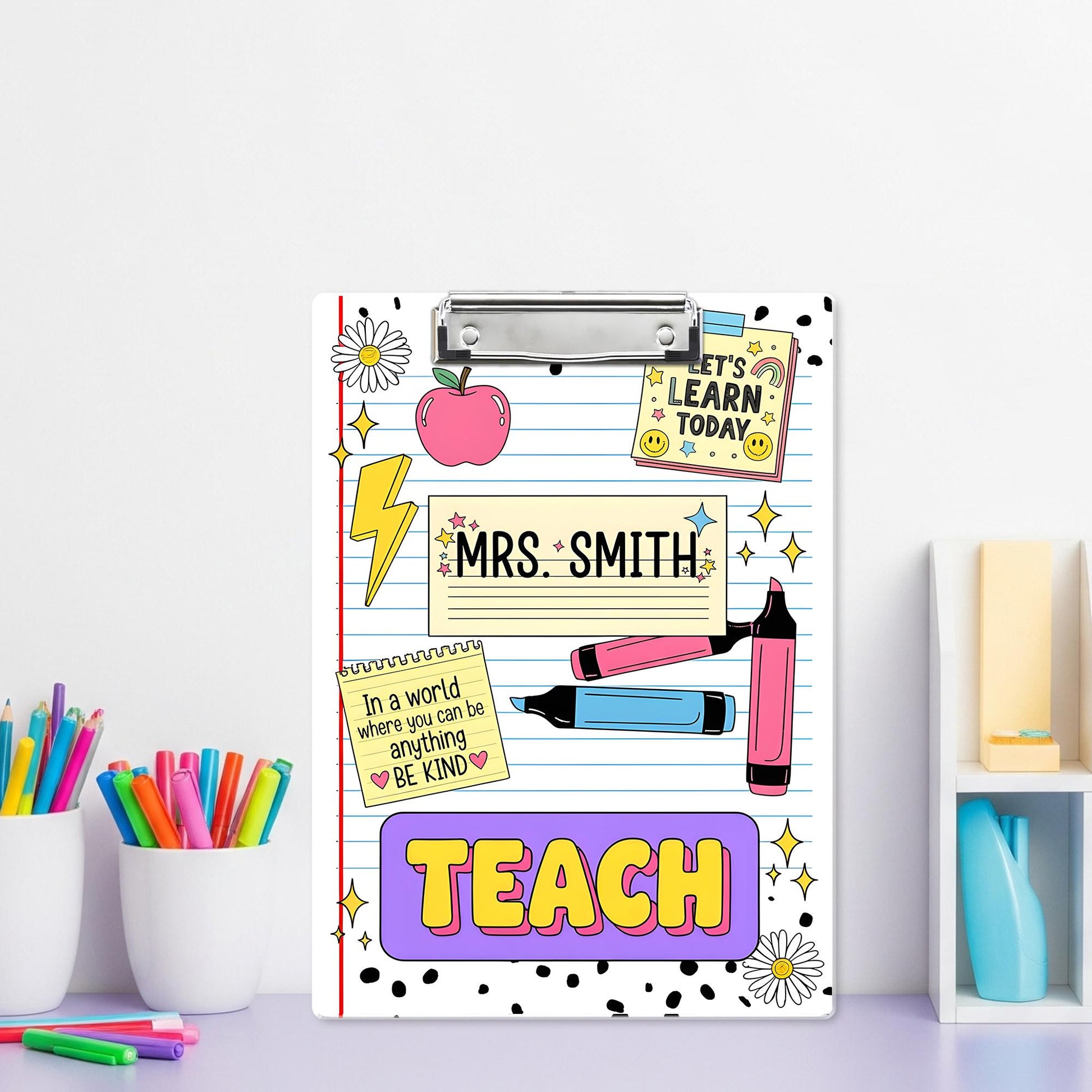 Personalized Teacher Clipboard – Cute Doodle Design with Name, Apple, Markers & Quotes, Fun Back to School Gift for Educators, Teachers